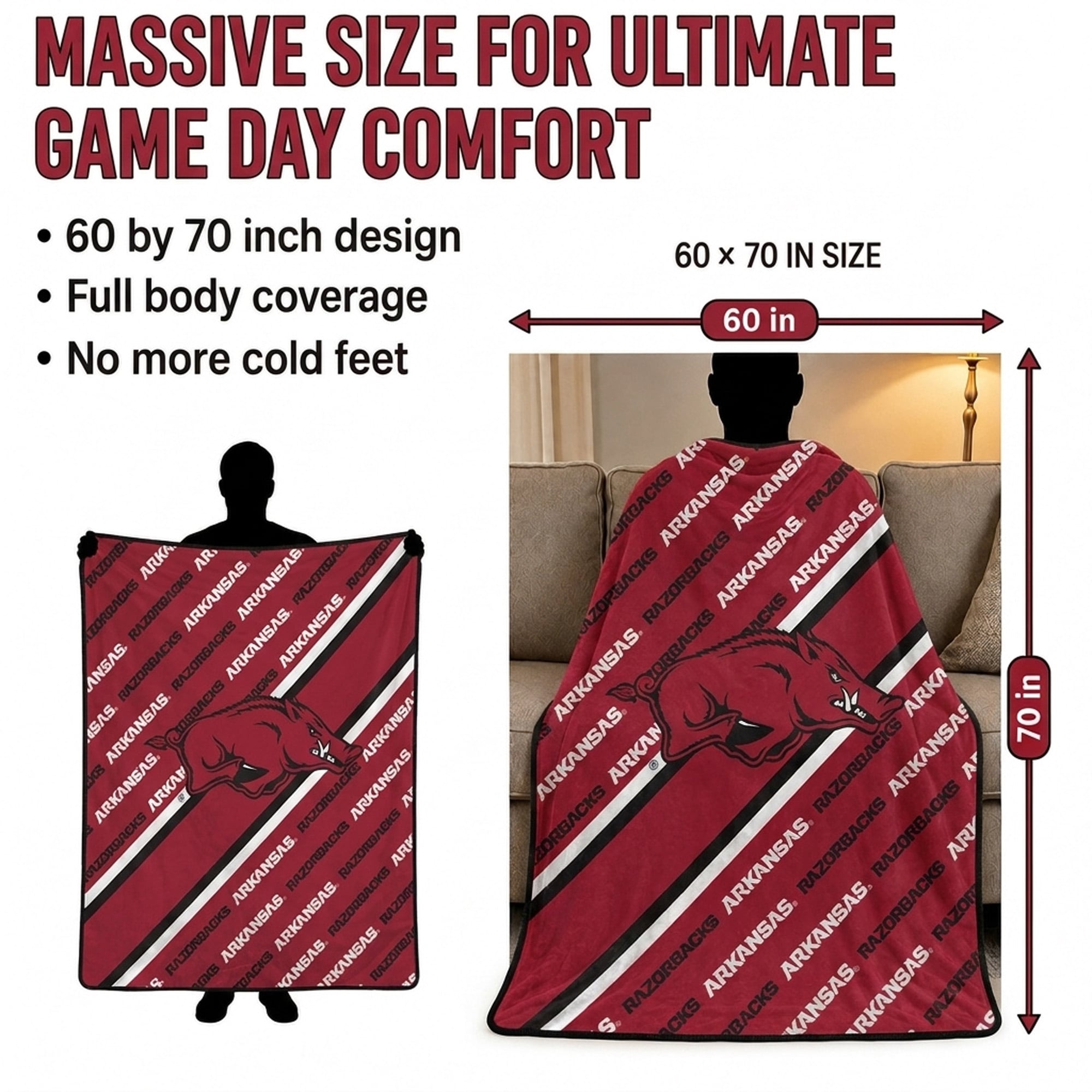 Couverture ultra douce Pegasus Arkansas Razorbacks 60" x 70" (diagonale) avec logo doublé