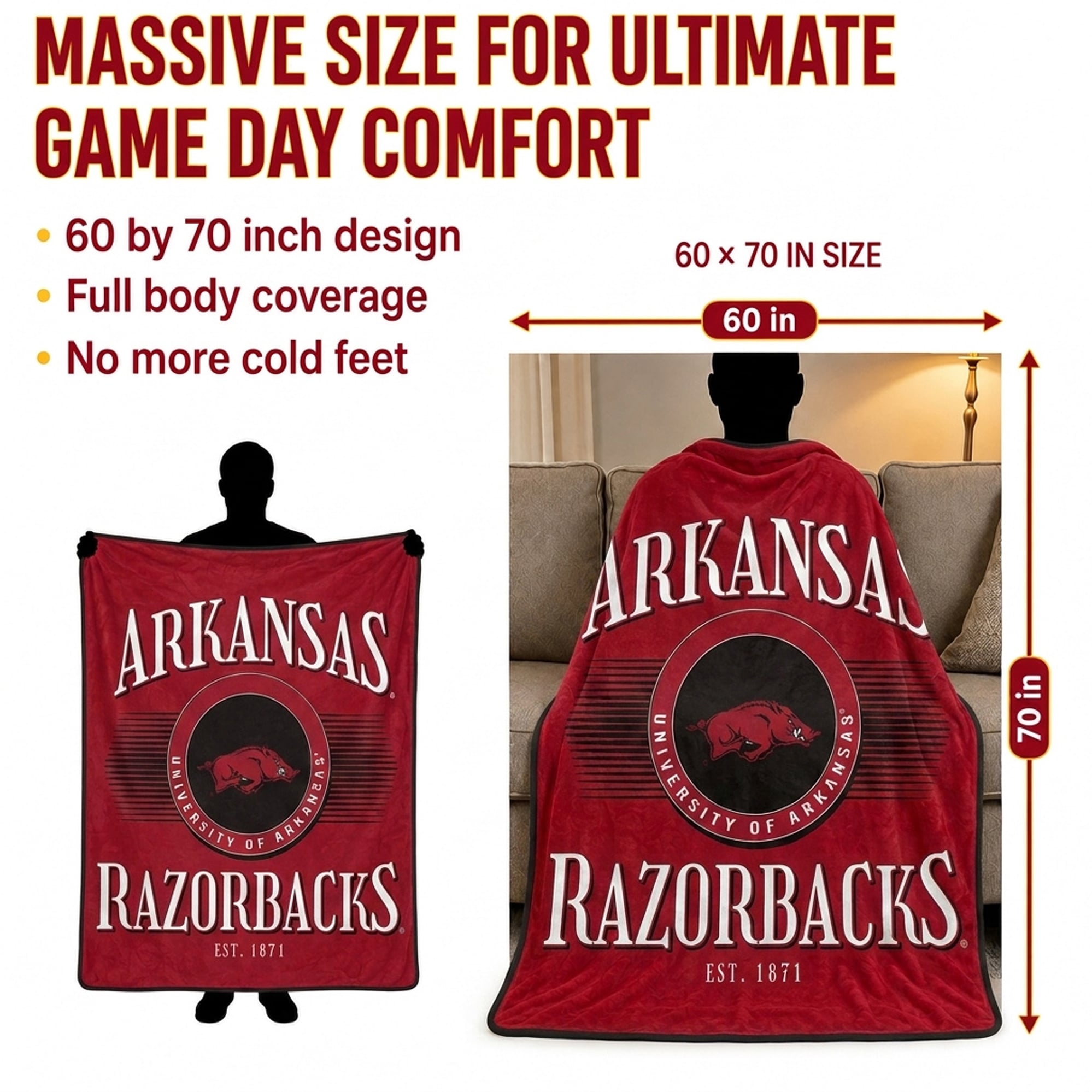 Couverture ultra douce Pegasus Arkansas Razorbacks Spotlight Arch 60" x 70"
