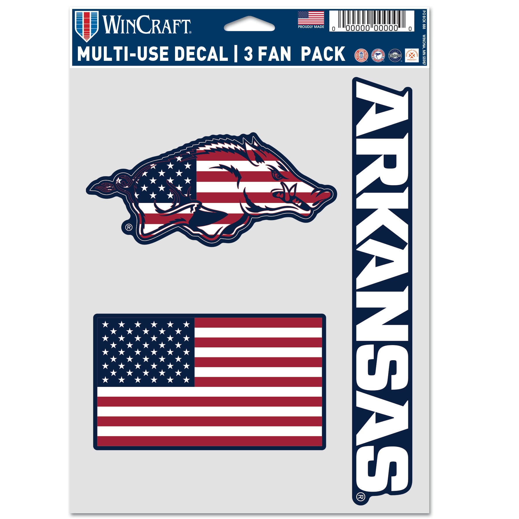 Ensemble de trois autocollants WinCraft Arkansas Razorbacks Stars & Stripes pour supporters