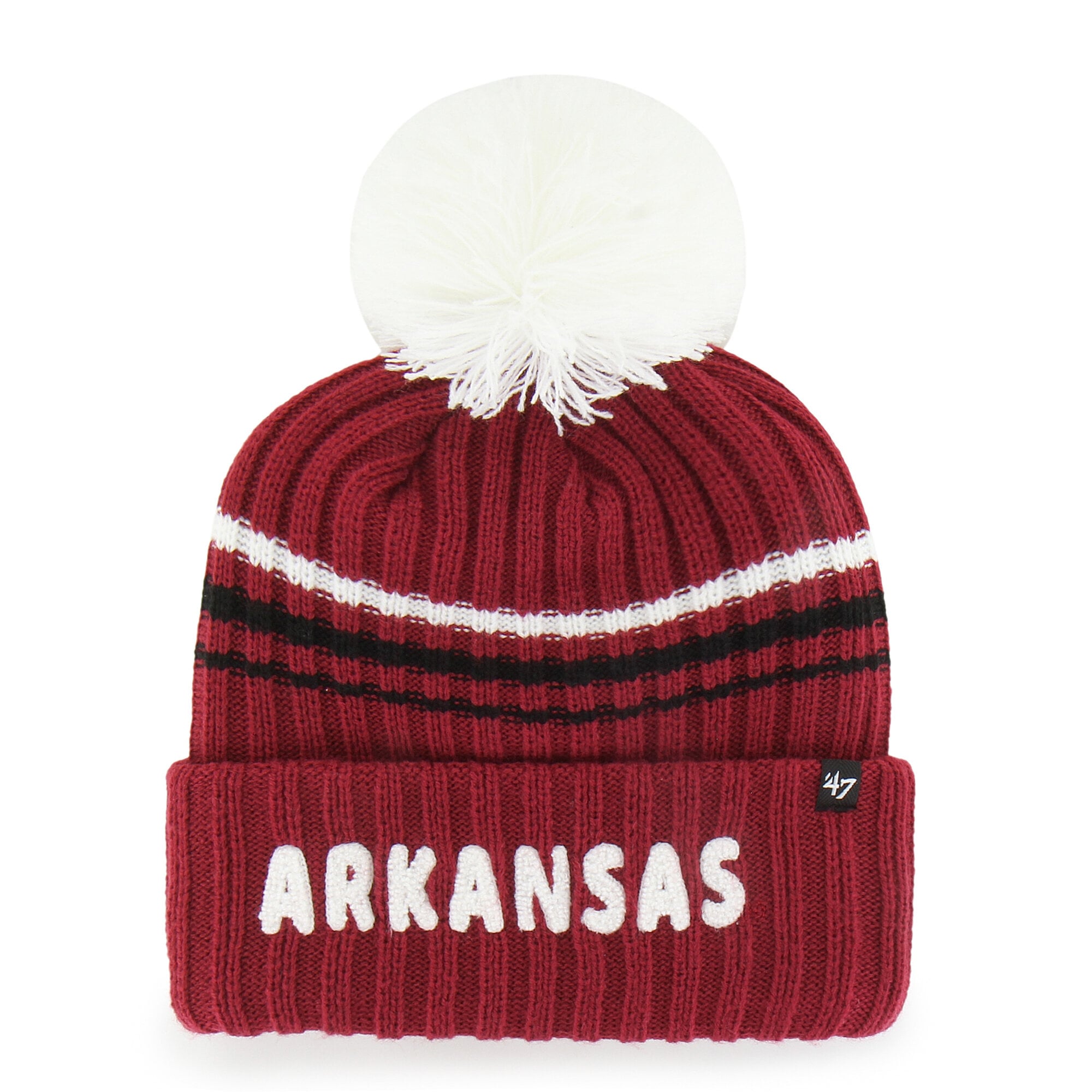 Bonnet tricoté à pompon et inscription duveteuse, modèle 47 Cardinal Arkansas Razorbacks, pour femme
