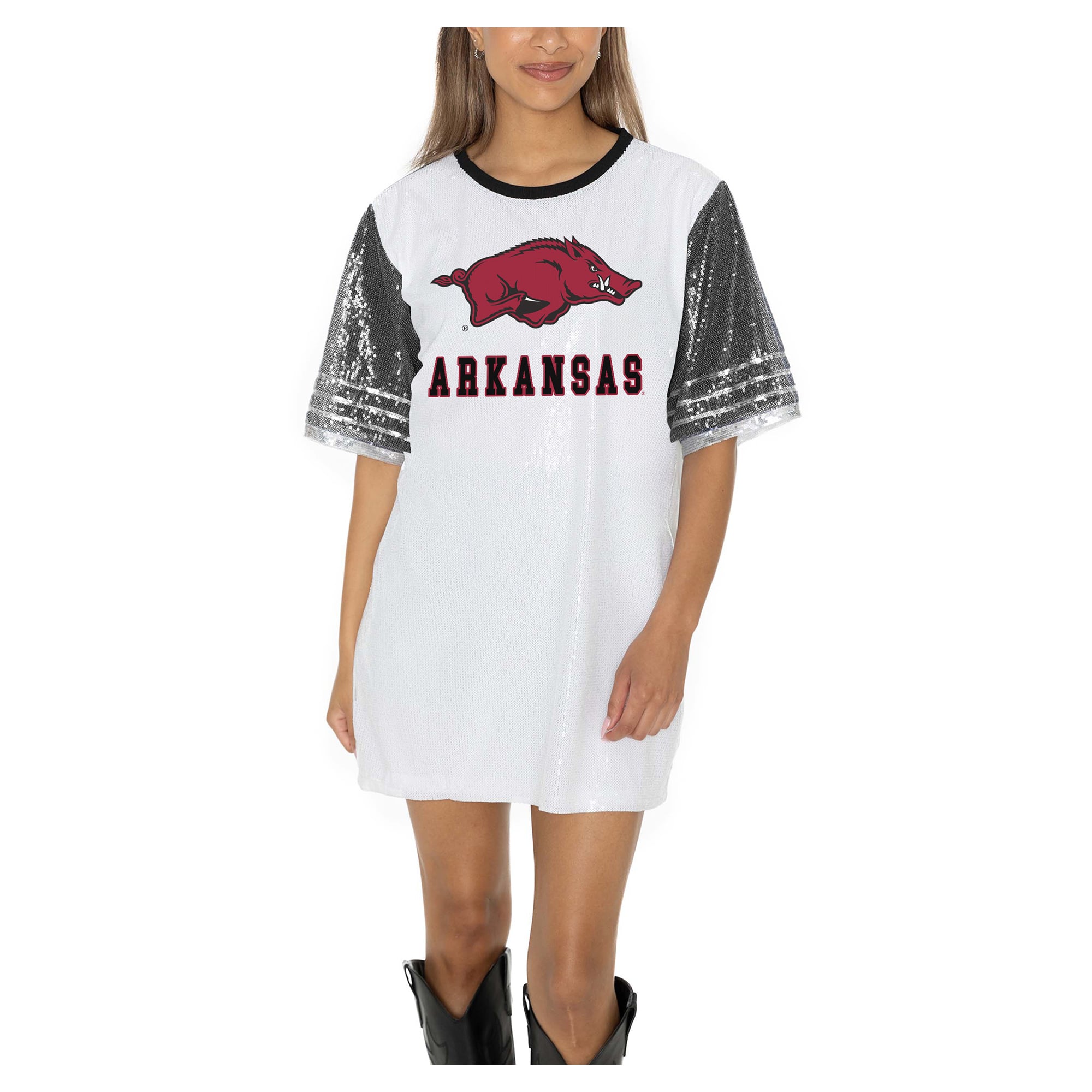 arkansas jersey dress Women's Gameday Couture White Razorbacks Full Sequin Web Collection: iconic Fits