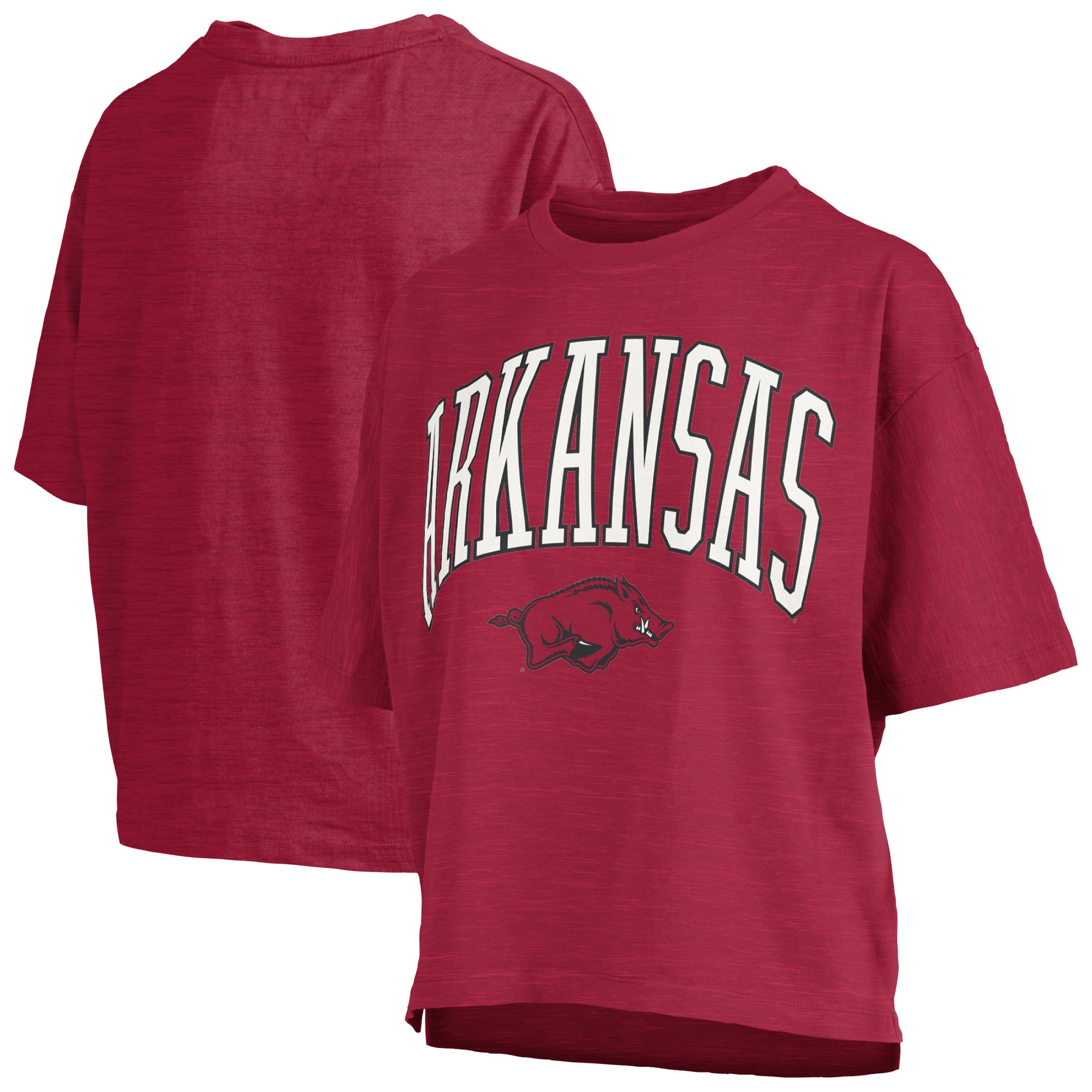 T-shirt oversize Pressbox Cardinal Arkansas Razorbacks pour femmes, logo Nelson Arch Over, en tissu flammé.