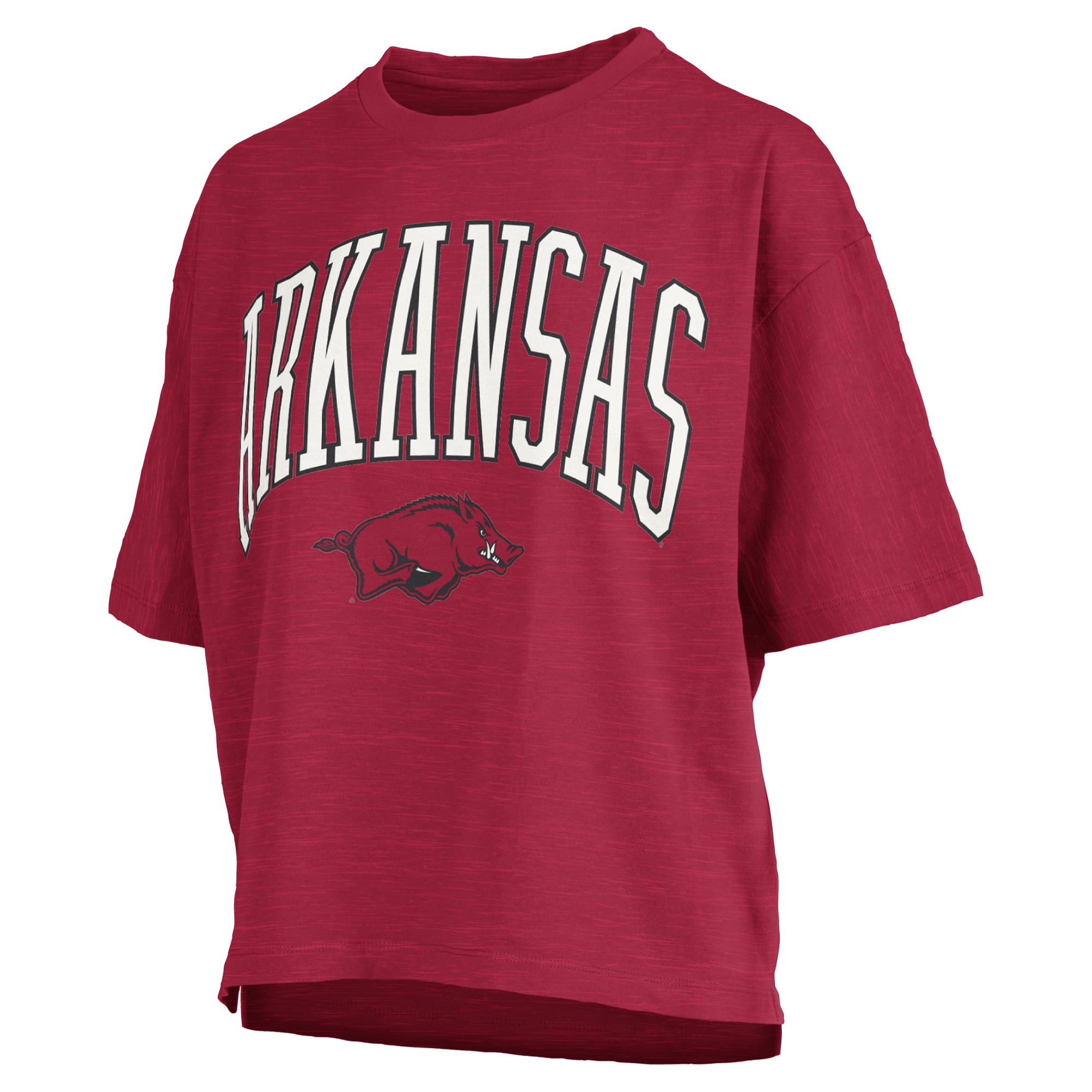 T-shirt oversize Pressbox Cardinal Arkansas Razorbacks pour femmes, logo Nelson Arch Over, en tissu flammé.