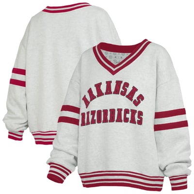 Arkansas Razorbacks Pressbox Women's Tackle Twill Oates V-Neck Sweatshirt - Gray/Cardinal