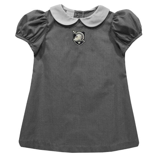 infant black and white dress Girls Vive La Fete Army Black Knights Gingham Puffy A-Line We have our winner Rhinestone beading on neckline Gigie Boutique Neck Size:15