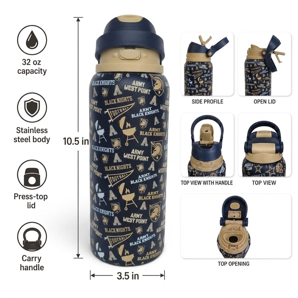 Gourde en acier inoxydable Pegasus Army Black Knights 32 oz avec fanion pour les jours de match