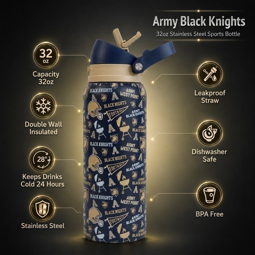 Gourde en acier inoxydable Pegasus Army Black Knights 32 oz avec fanion pour les jours de match