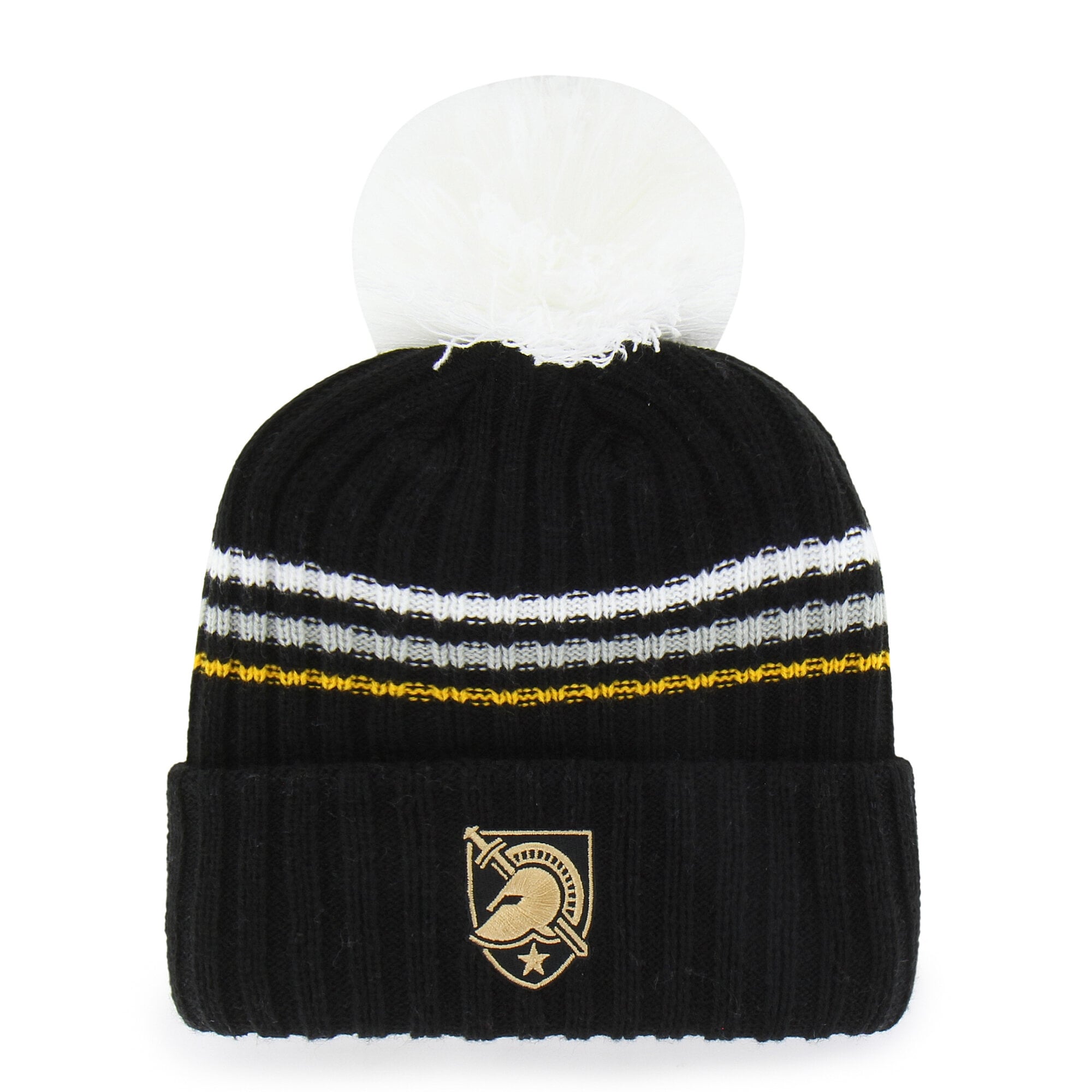 Bonnet tricoté à pompon et inscription duveteuse « Black Knights » pour femme, modèle saisonnier « 47 Black Army ».