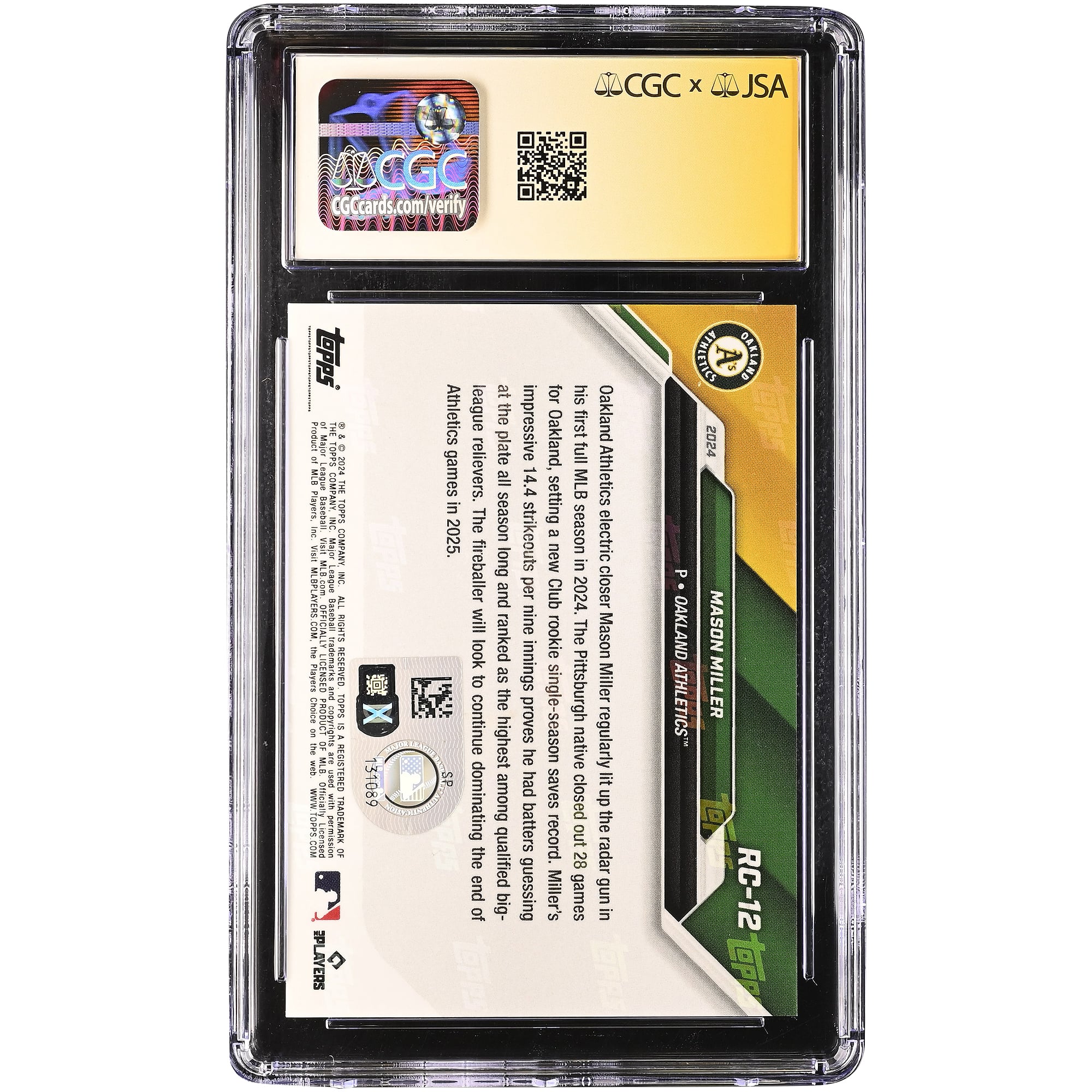 Carte autographiée Mason Miller Athletics 2024 Topps Now Rookie Cup #RC-12, authentifiée CGC Fanatics Witnessed 10/10