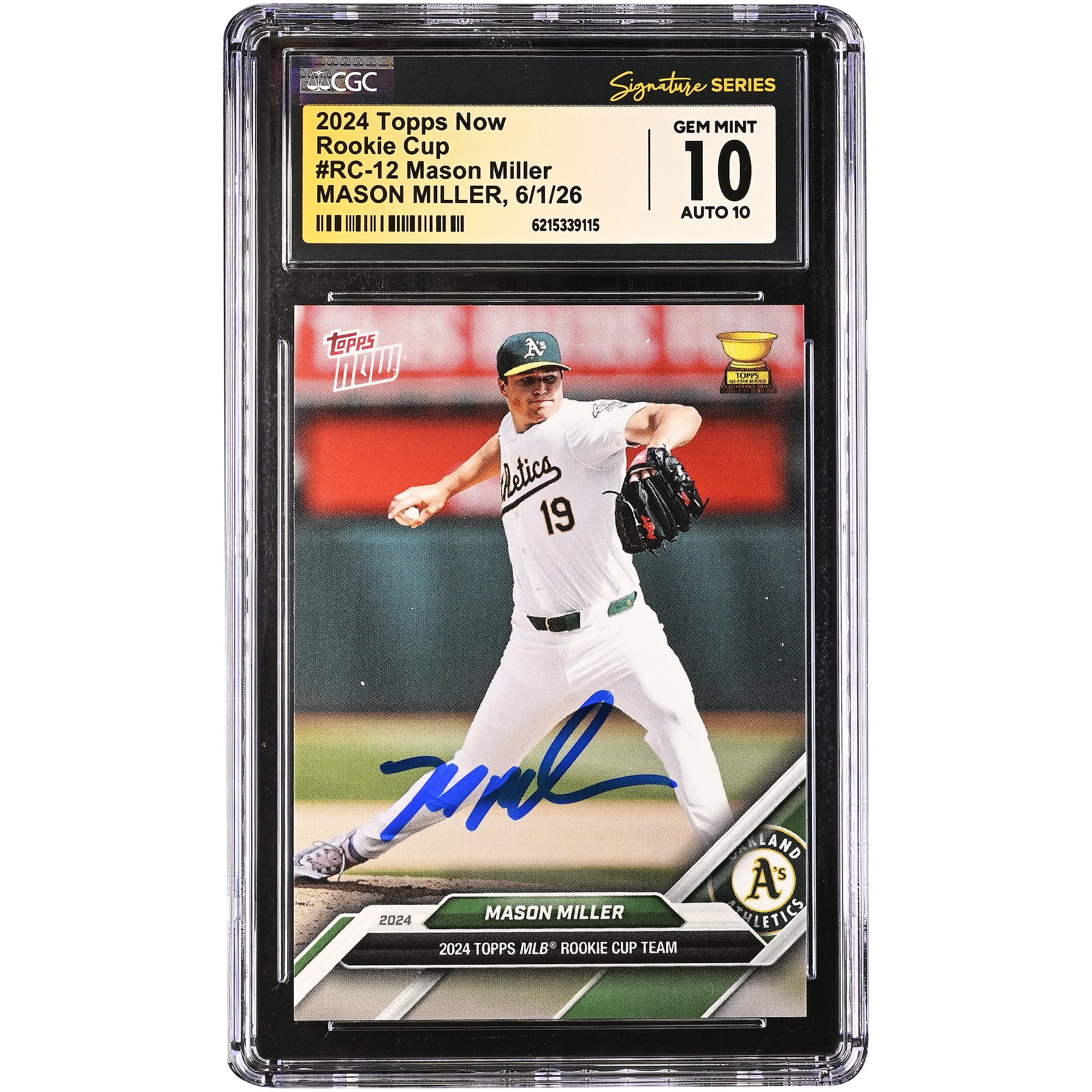 Carte autographiée Mason Miller Athletics 2024 Topps Now Rookie Cup #RC-12, authentifiée CGC Fanatics Witnessed 10/10