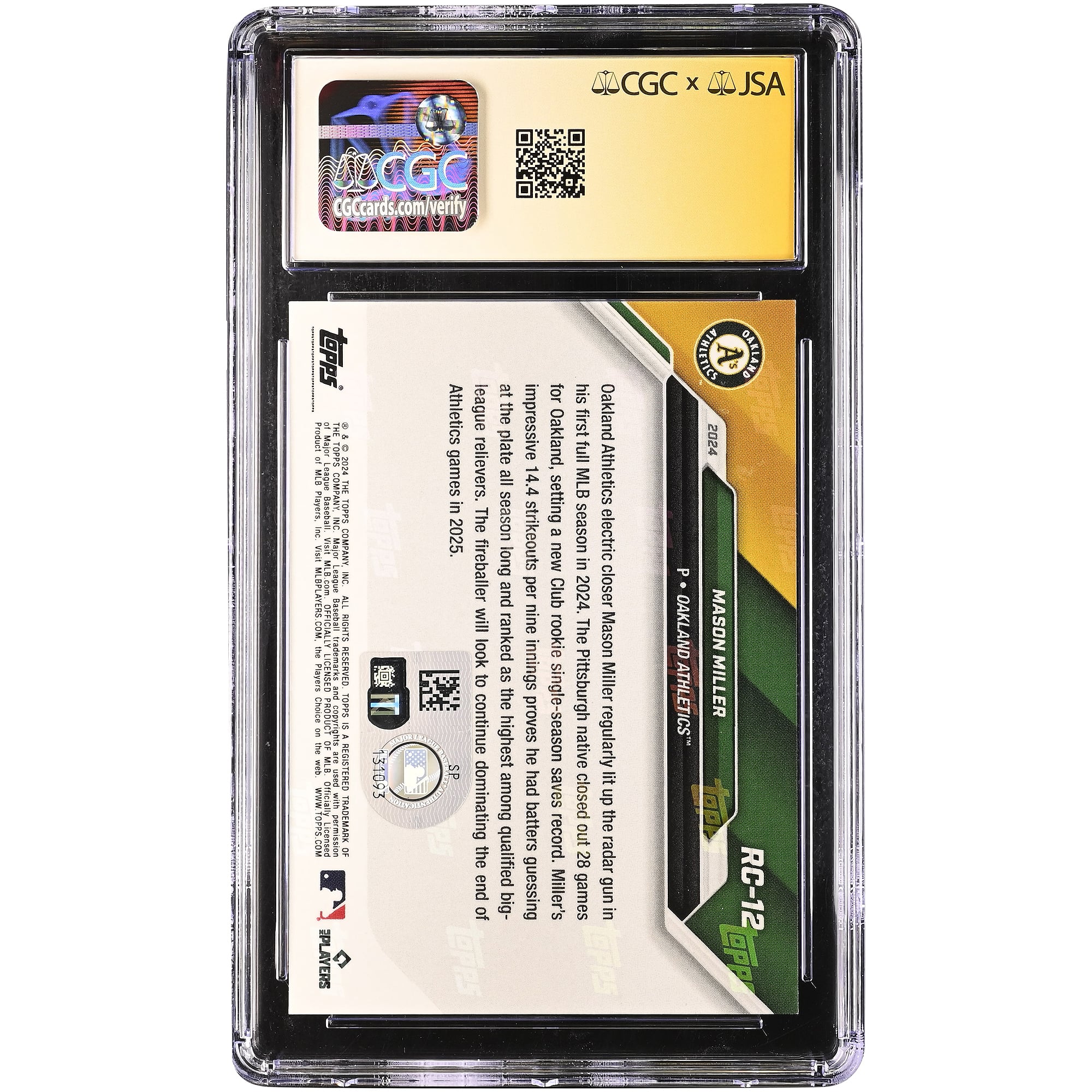 Mason Miller Athletics Autographed 2024 Topps Now Rookie Cup #RC-12 CGC Fanatics Witnessed Authenticated /10 Card