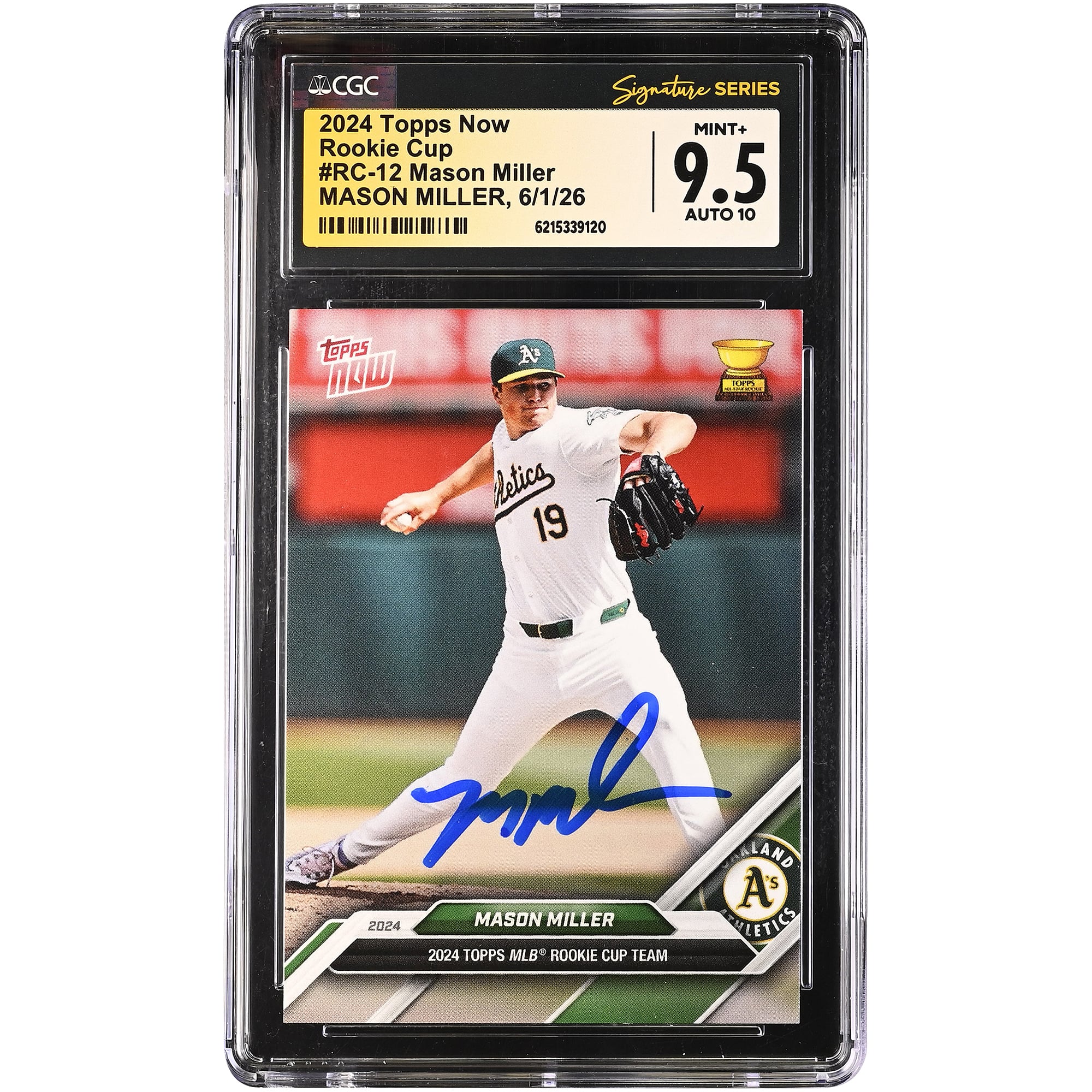 Carte autographiée Mason Miller Athletics 2024 Topps Now Rookie Cup #RC-12, authentifiée CGC Fanatics Witnessed, état 9,5/10