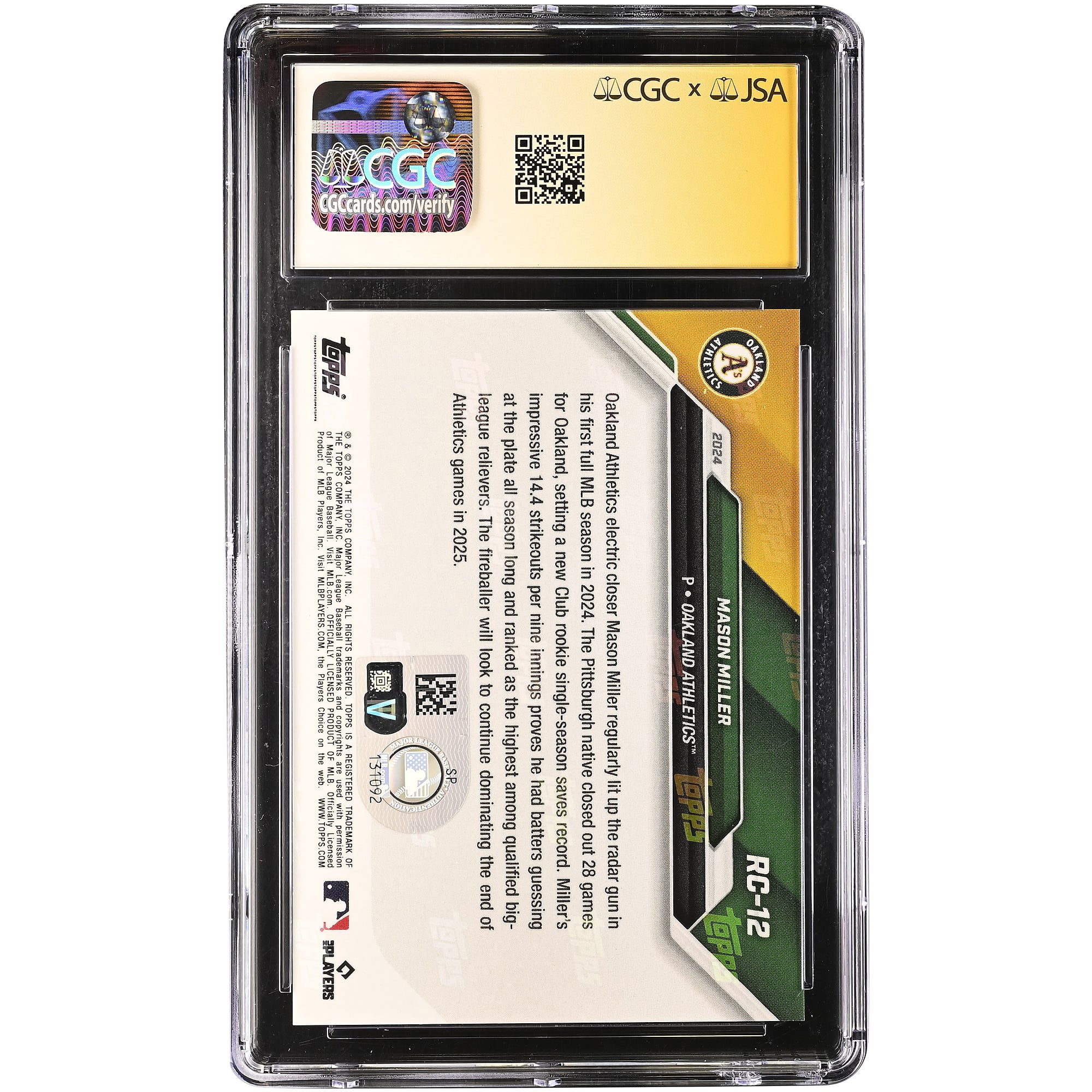 Carte autographiée Mason Miller Athletics 2024 Topps Now Rookie Cup #RC-12, authentifiée CGC Fanatics Witnessed, état 9,5/10