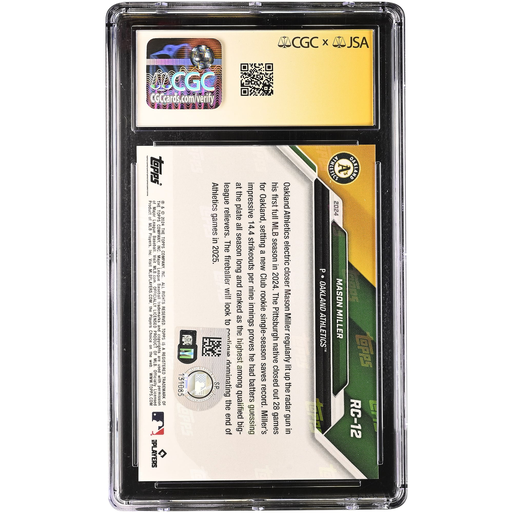 Mason Miller Athletics Autographed 2024 Topps Now Rookie Cup #RC-12 CGC Fanatics Witnessed Authenticated Auto 10 Card