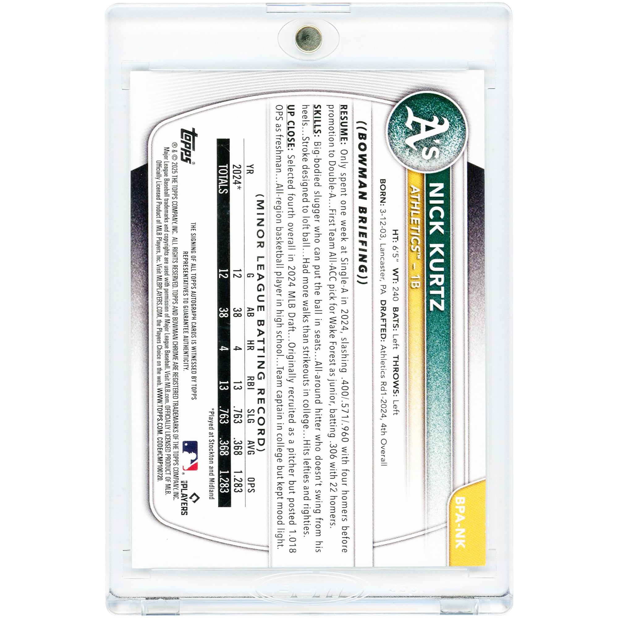 Carte Nick Kurtz Athletics autographiée 2025 Bowman Platinum Foil Prospect #BPA-NK #1/1
