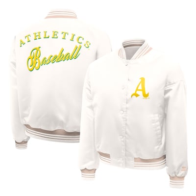 Athletics Starter Women's Fashion Script Satin Full-Snap Varsity Jacket - Cream