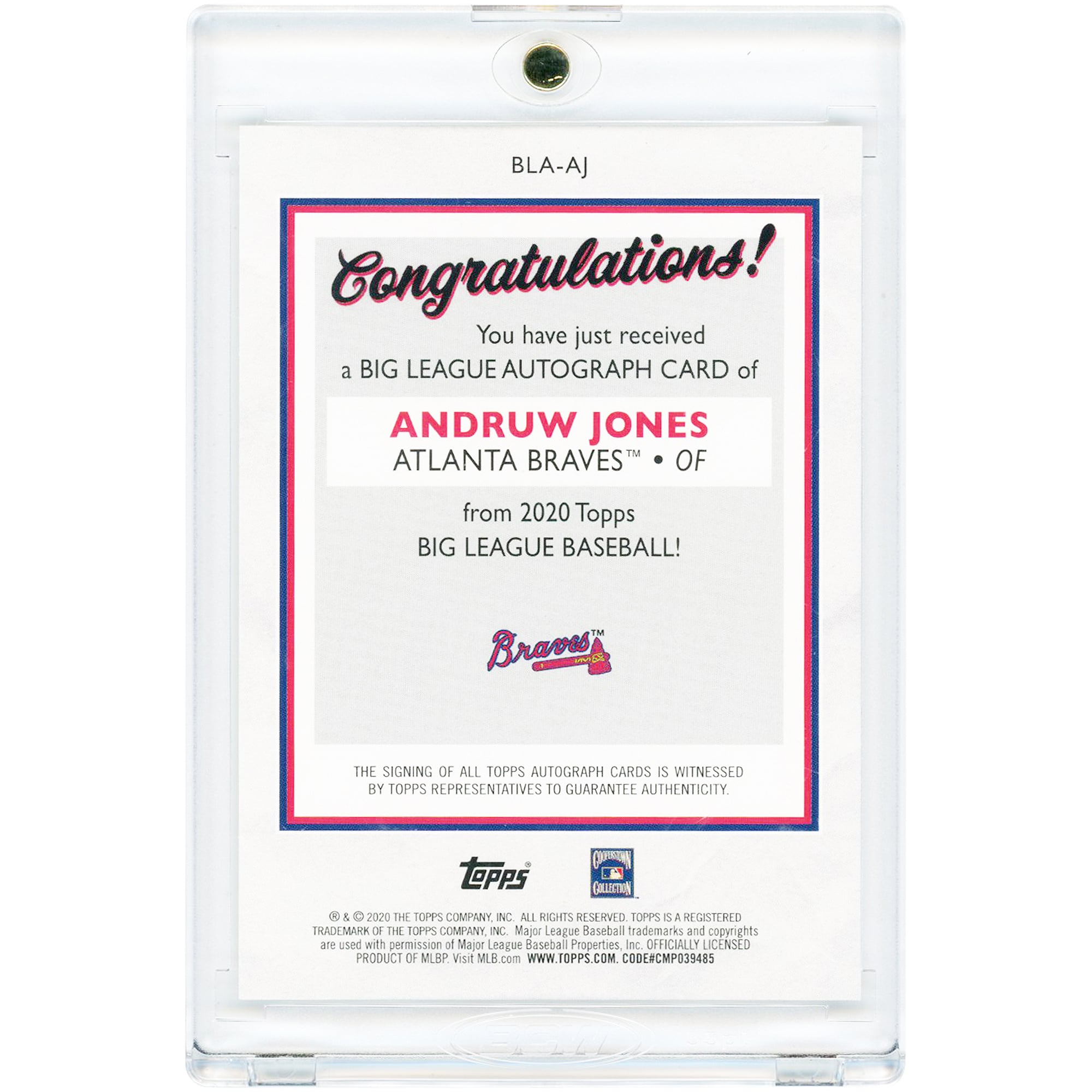 Carte autographiée d'Andruw Jones (Atlanta Braves) 2020 Topps Big League #BLA-AJ
