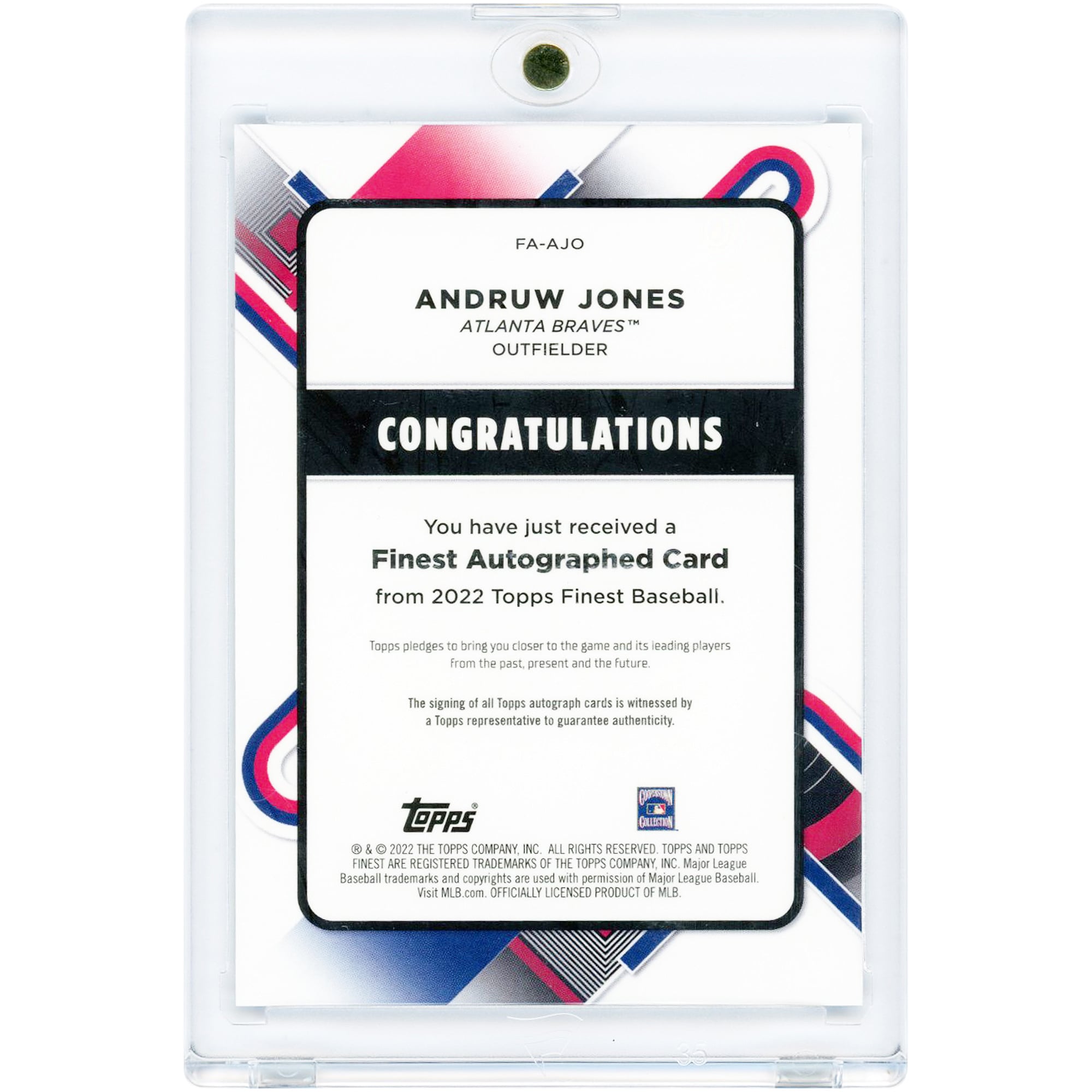 Carte autographiée d'Andruw Jones (Atlanta Braves) 2022 Topps Finest Blue Refractor #FA-AJO #128/150