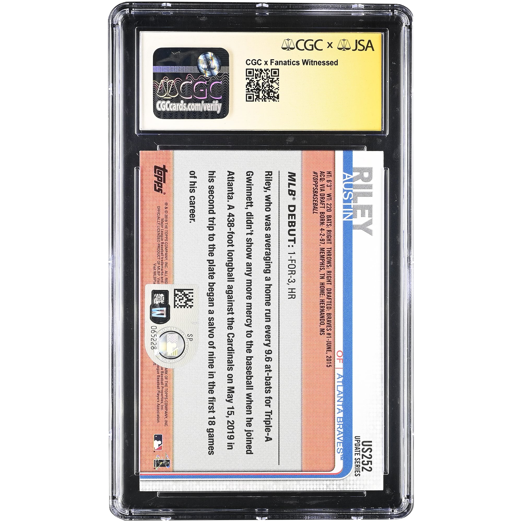 Carte de recrue autographiée d'Austin Riley (Atlanta Braves), collection Topps Update 2019, numéro US252, authentifiée CGC (note 9,5/10).