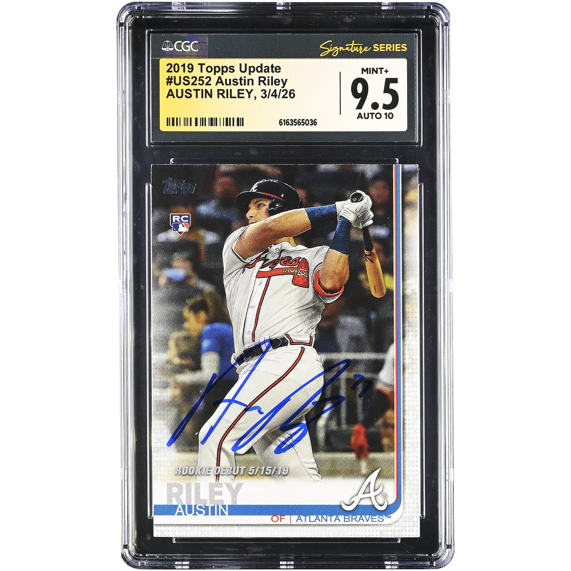 Carte de recrue autographiée d'Austin Riley (Atlanta Braves), collection Topps Update 2019, numéro US252, authentifiée CGC (note 9,5/10).