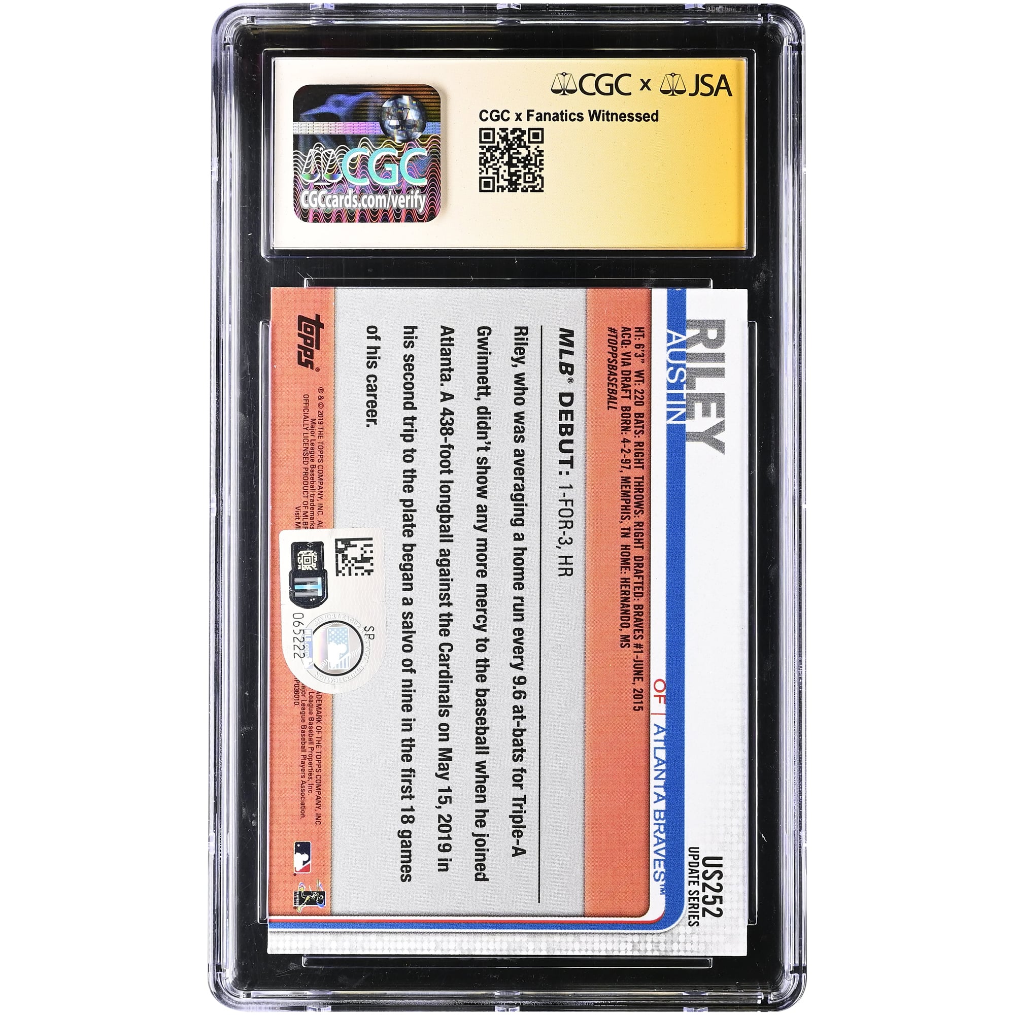 Austin Riley Atlanta Braves Autographed 2019 Topps Update #US252 CGC Authenticated Auto 10 Rookie Card