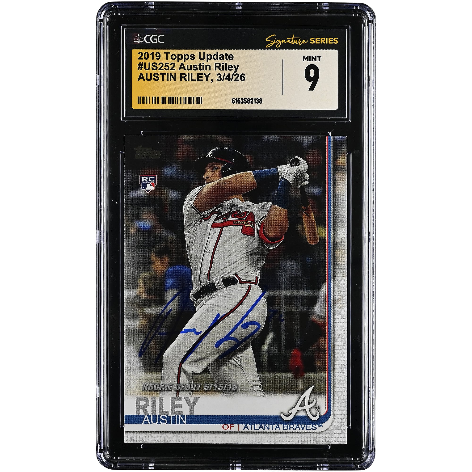 Carte de recrue Austin Riley des Braves d'Atlanta, autographiée, collection Topps Update 2019, numéro US252, authentifiée CGC, état neuf (9/10).