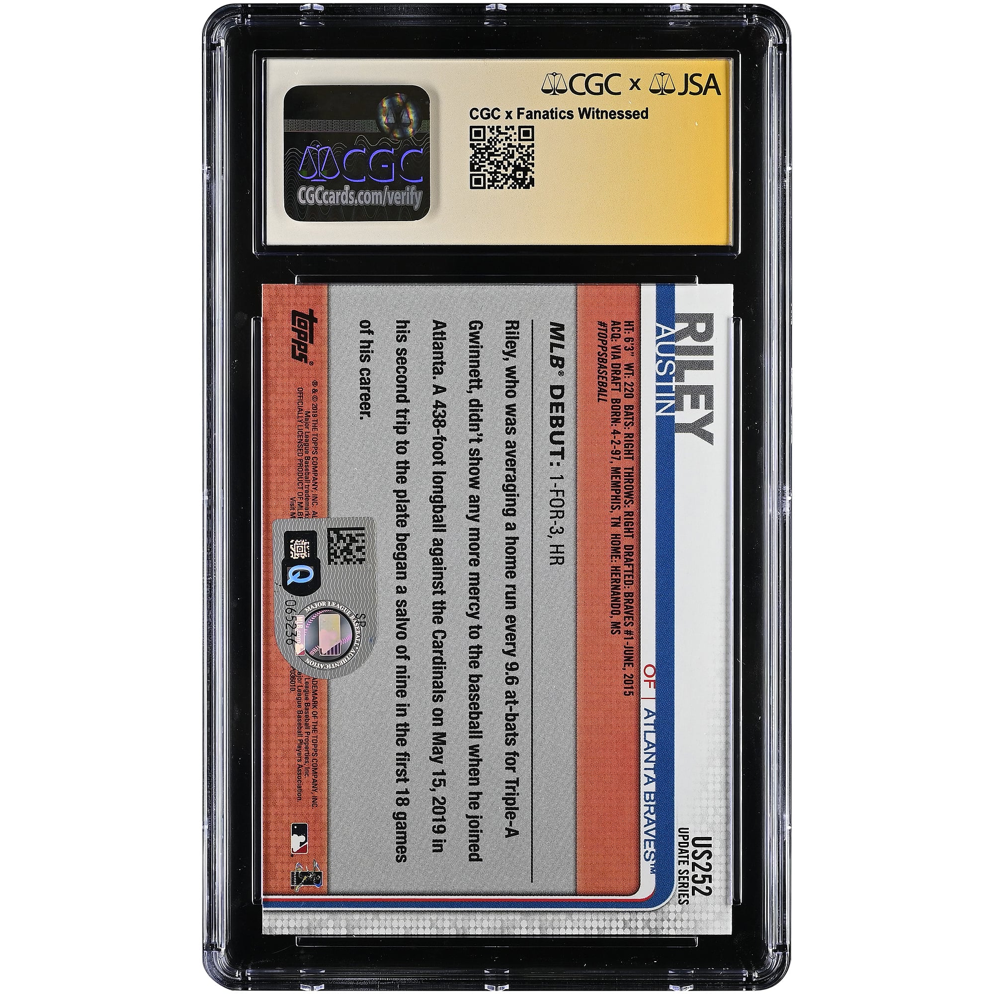 Carte de recrue Austin Riley des Braves d'Atlanta, autographiée, collection Topps Update 2019, numéro US252, authentifiée CGC, état neuf (9/10).