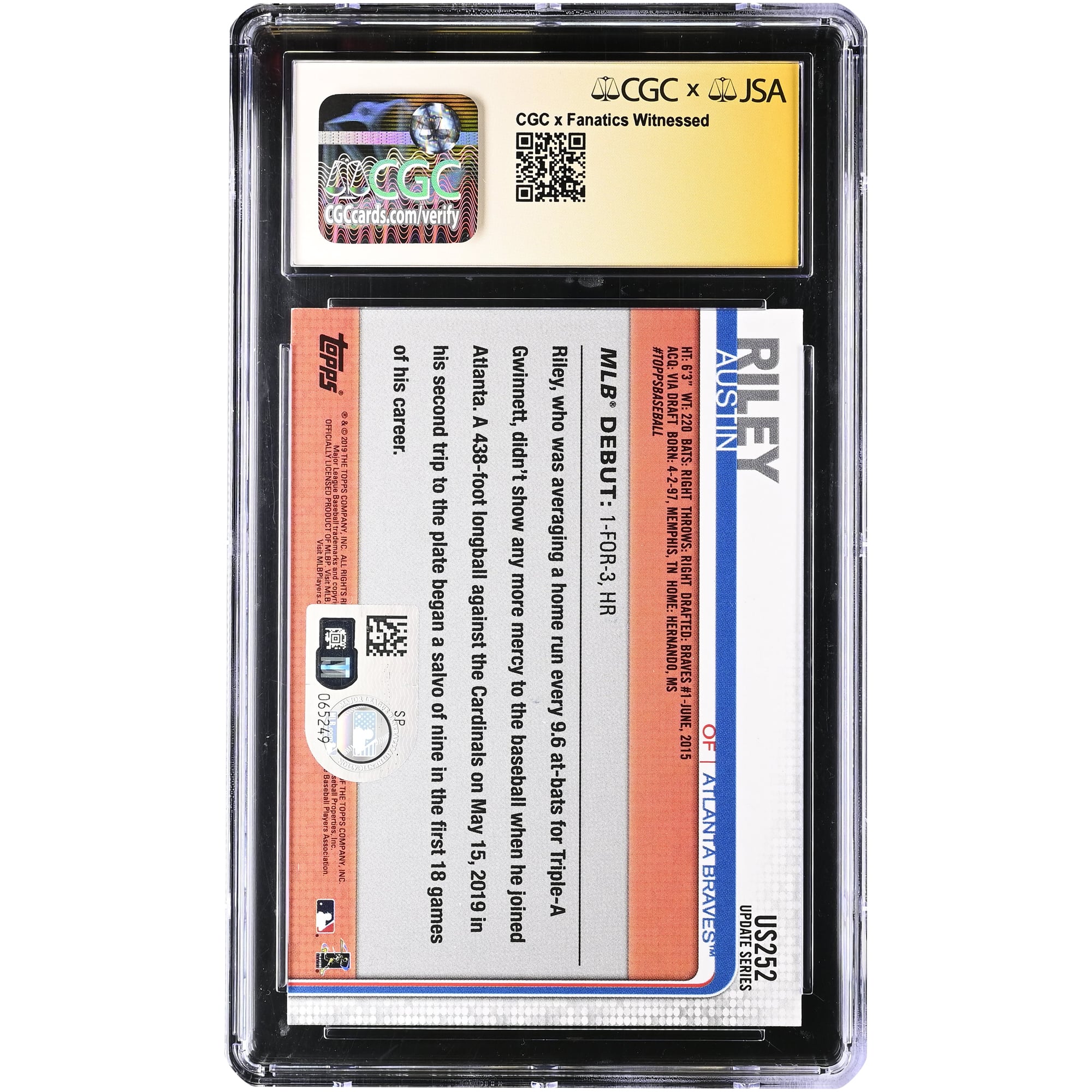 Carte de recrue authentifiée CGC #US252 de la collection Topps Update 2019 d'Austin Riley (Atlanta Braves), autographiée par CGC