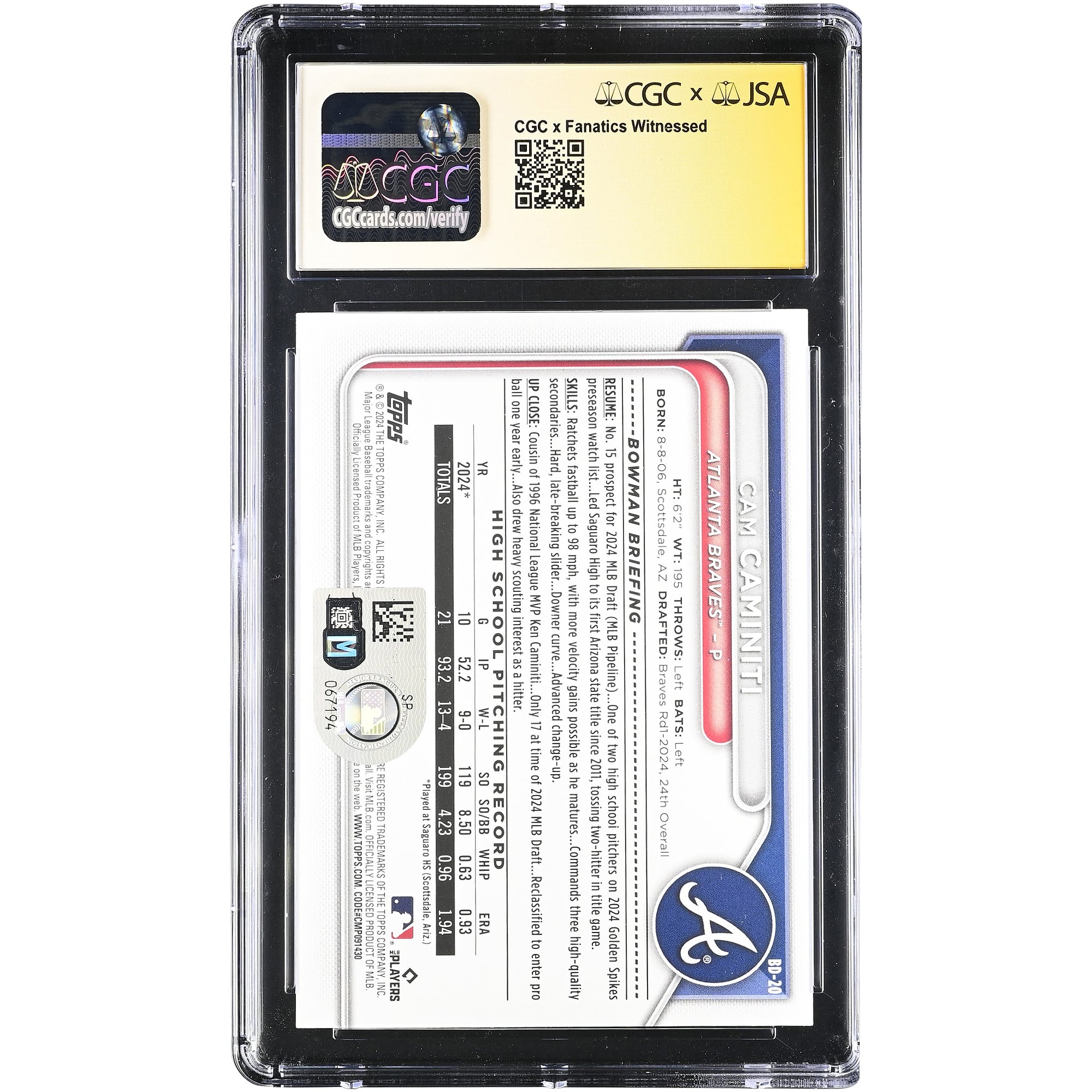 Carte autographiée de Cam Caminiti (Atlanta Braves), repêchage Bowman 2024, numéro BD-20