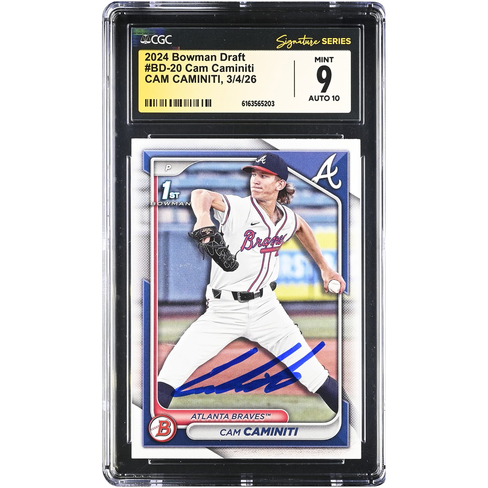 Carte autographiée de Cam Caminiti (Atlanta Braves), repêchage Bowman 2024, numéro BD-20