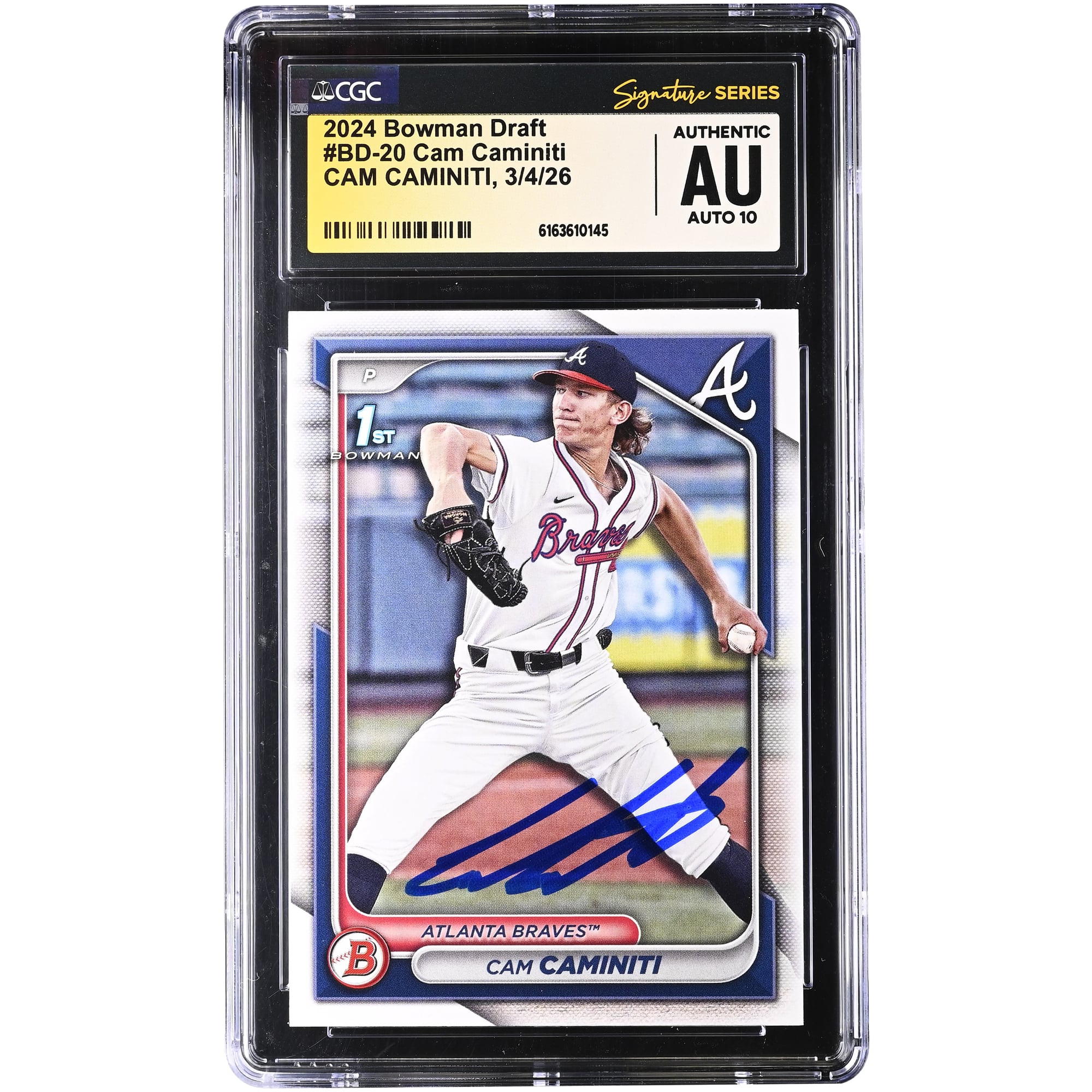 Cam Caminiti Atlanta Braves Autographed 2024 Bowman Draft #BD-20 CGC Authenticated Auto 10 Card