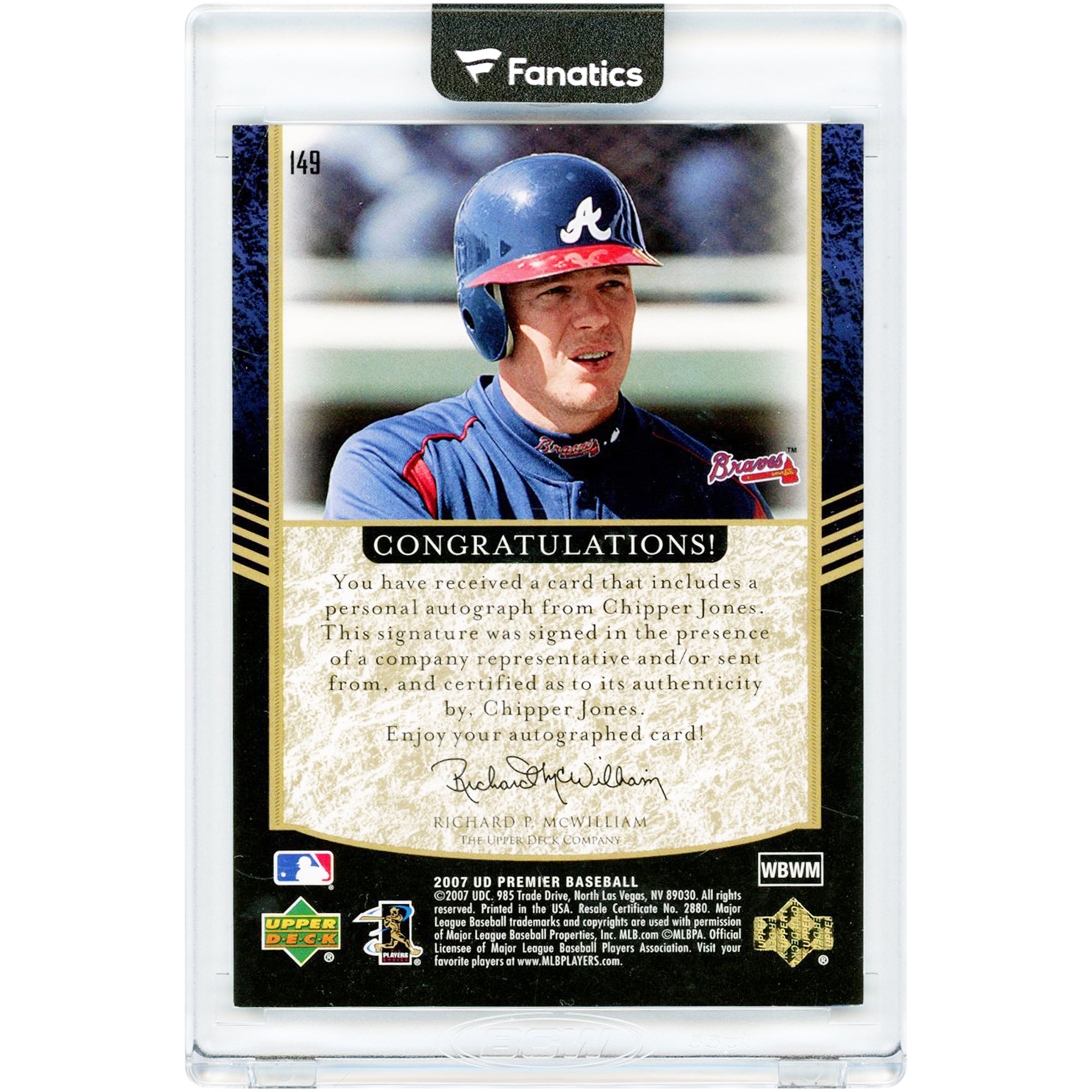 Carte autographiée Chipper Jones des Braves d'Atlanta, édition limitée Upper Deck Premier 2007, n° 149, n° 9/25