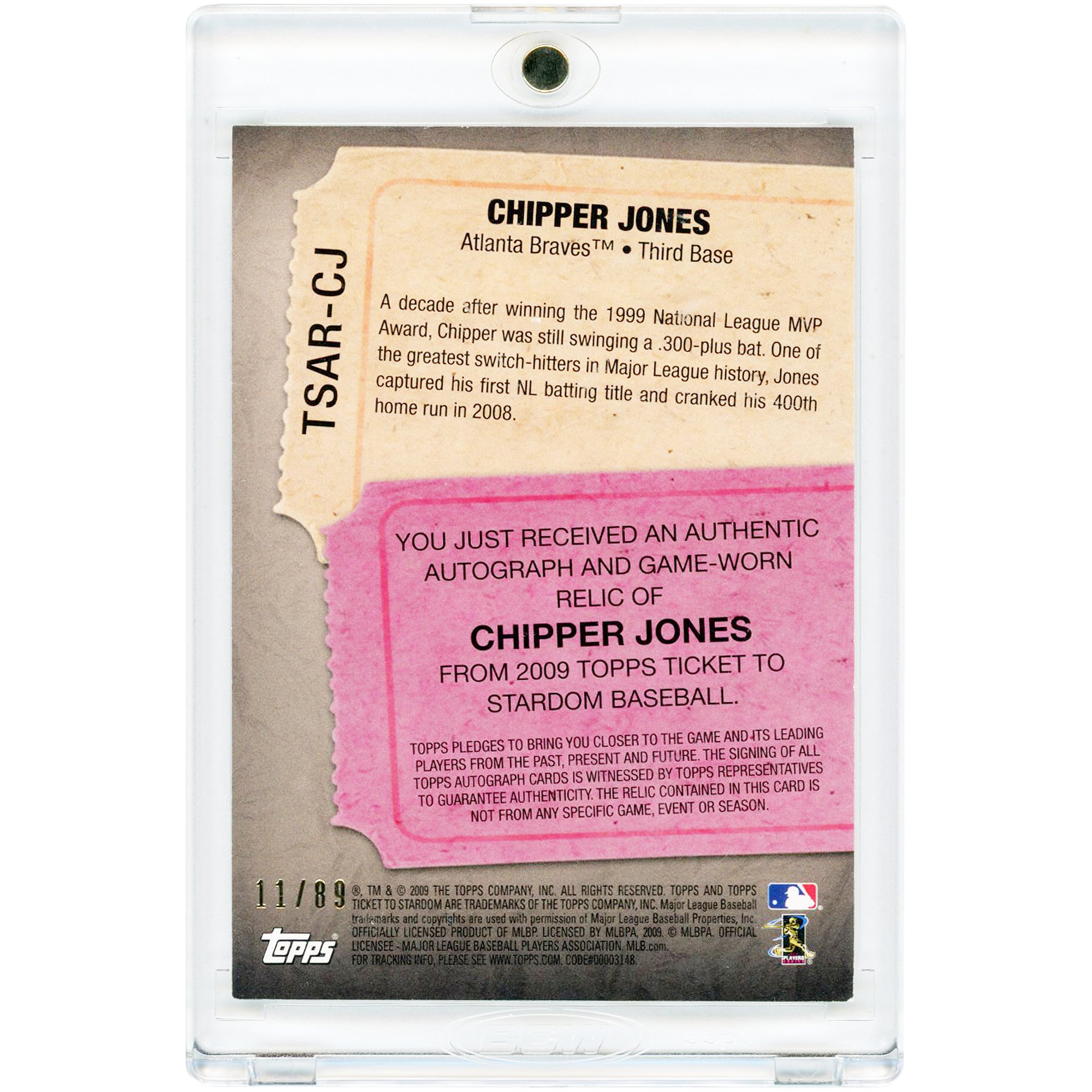Carte autographiée Chipper Jones des Braves d'Atlanta, collection Topps Ticket to Stardom Relics 2009 #TSAR-CJ # 11