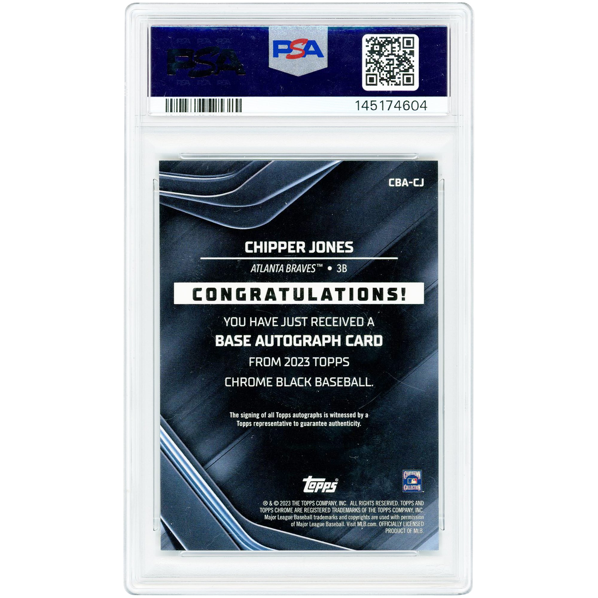 Carte autographiée de Chipper Jones (Atlanta Braves) 2023 Topps Chrome Black Gold Refractor #CBA-CJ #33/50, authentifiée par PSA (8 étoiles).