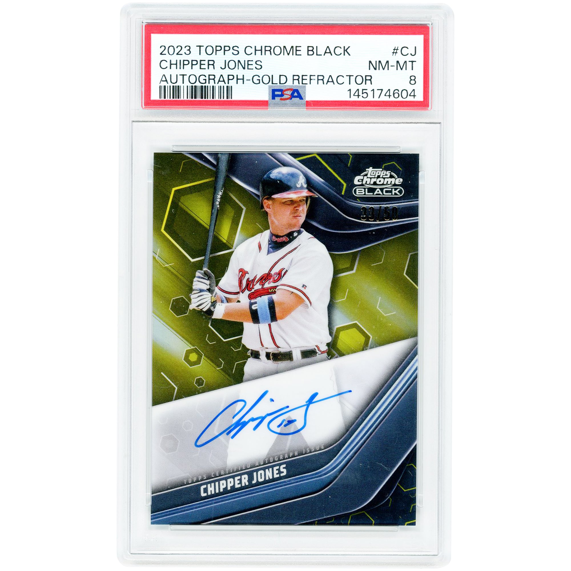 Carte autographiée de Chipper Jones (Atlanta Braves) 2023 Topps Chrome Black Gold Refractor #CBA-CJ #33/50, authentifiée par PSA (8 étoiles).