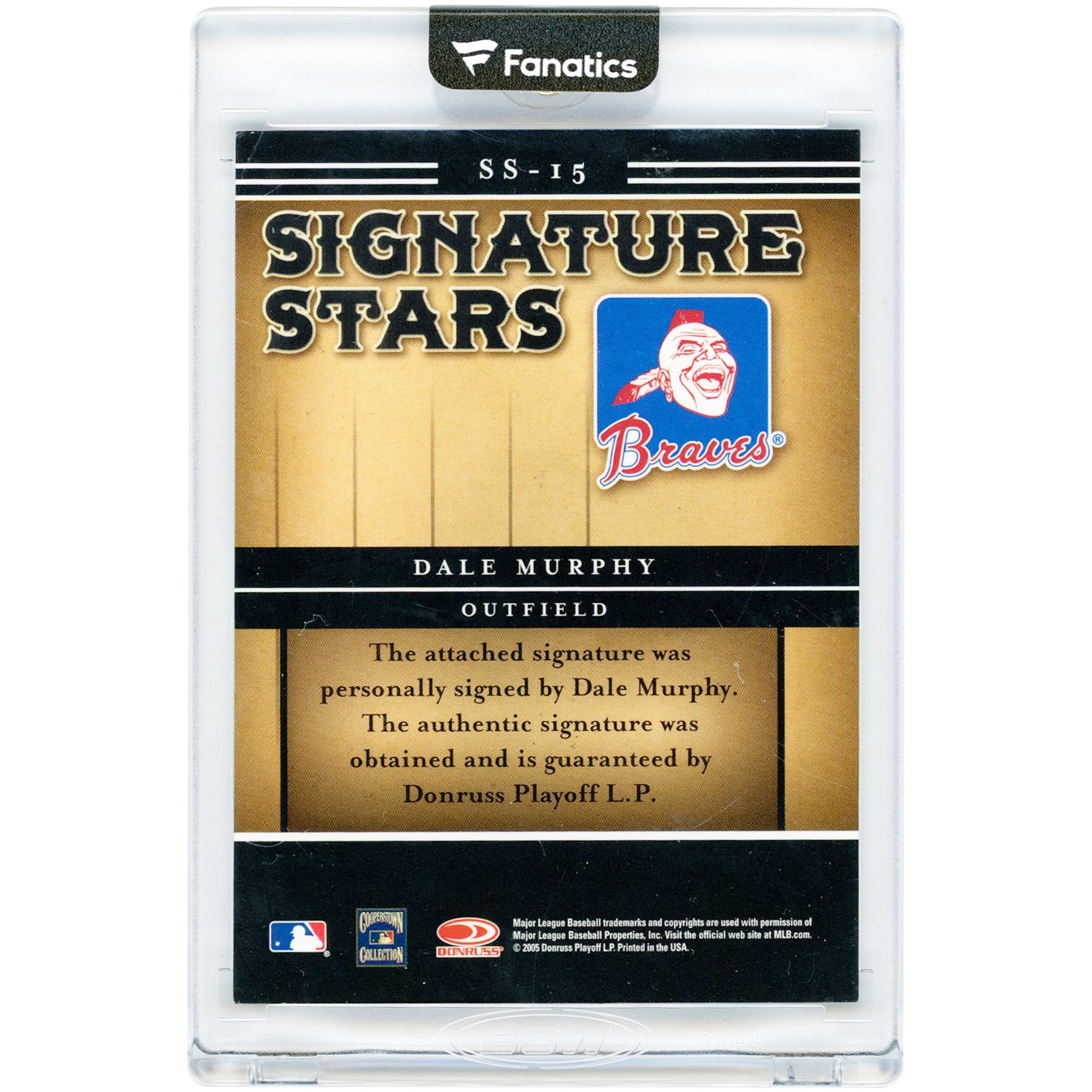 Carte de maillot autographiée par Dale Murphy (Atlanta Braves) de la série Donruss Signature Stars, portée en match, numéro SS-15 (2005).