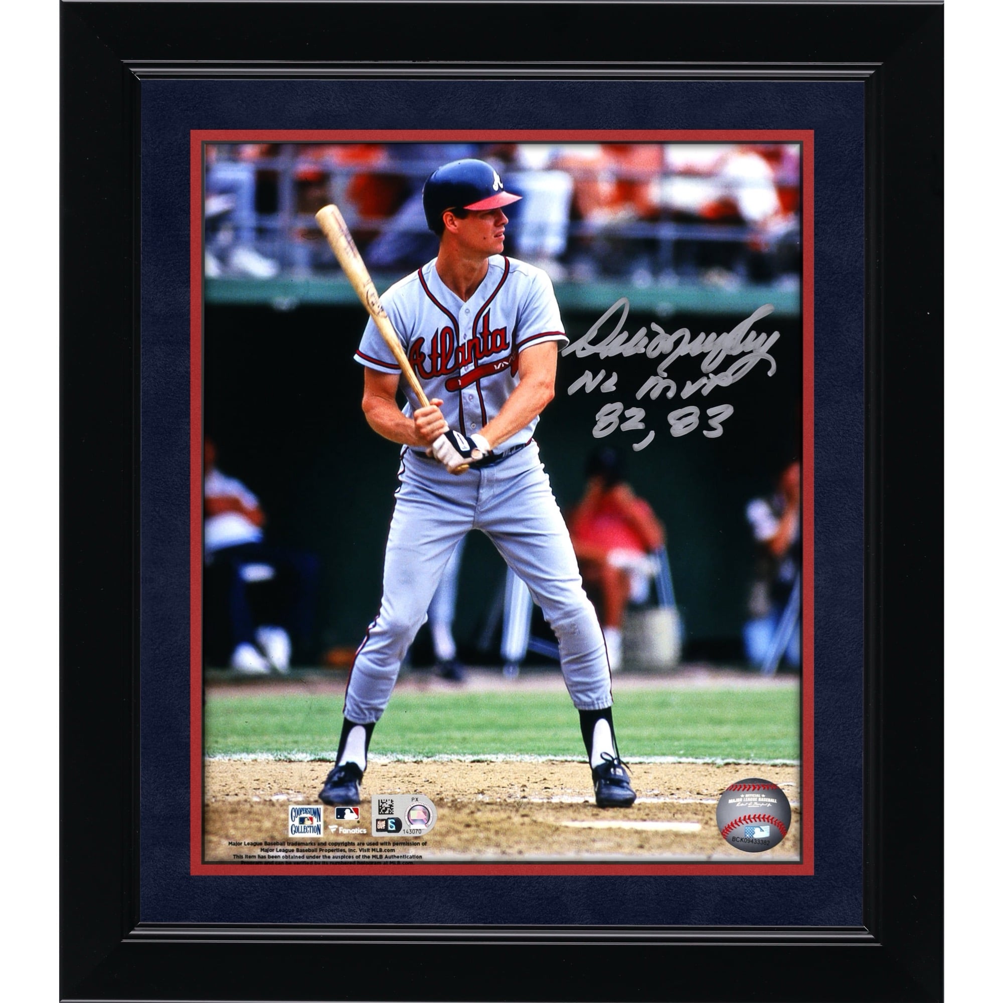 Dale Murphy Atlanta Braves Autographed 8" x 10" Hitting Photograph with "NL MVP 82, 83" Inscription