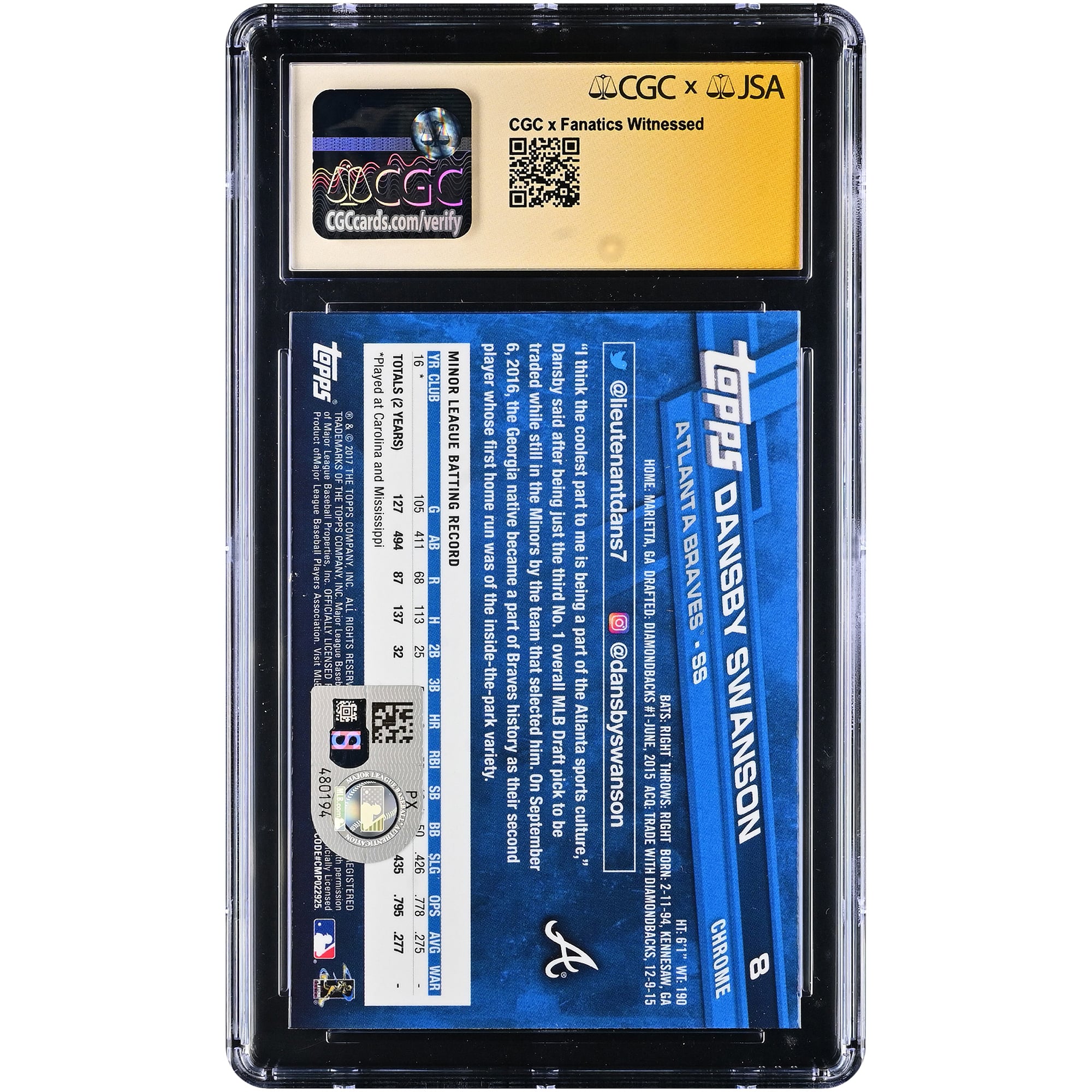 Carte de recrue autographiée de Dansby Swanson (Atlanta Braves), Topps Chrome 2017 n° 8, authentifiée par Fanatics Witnessed (CGC), note 9,5/10