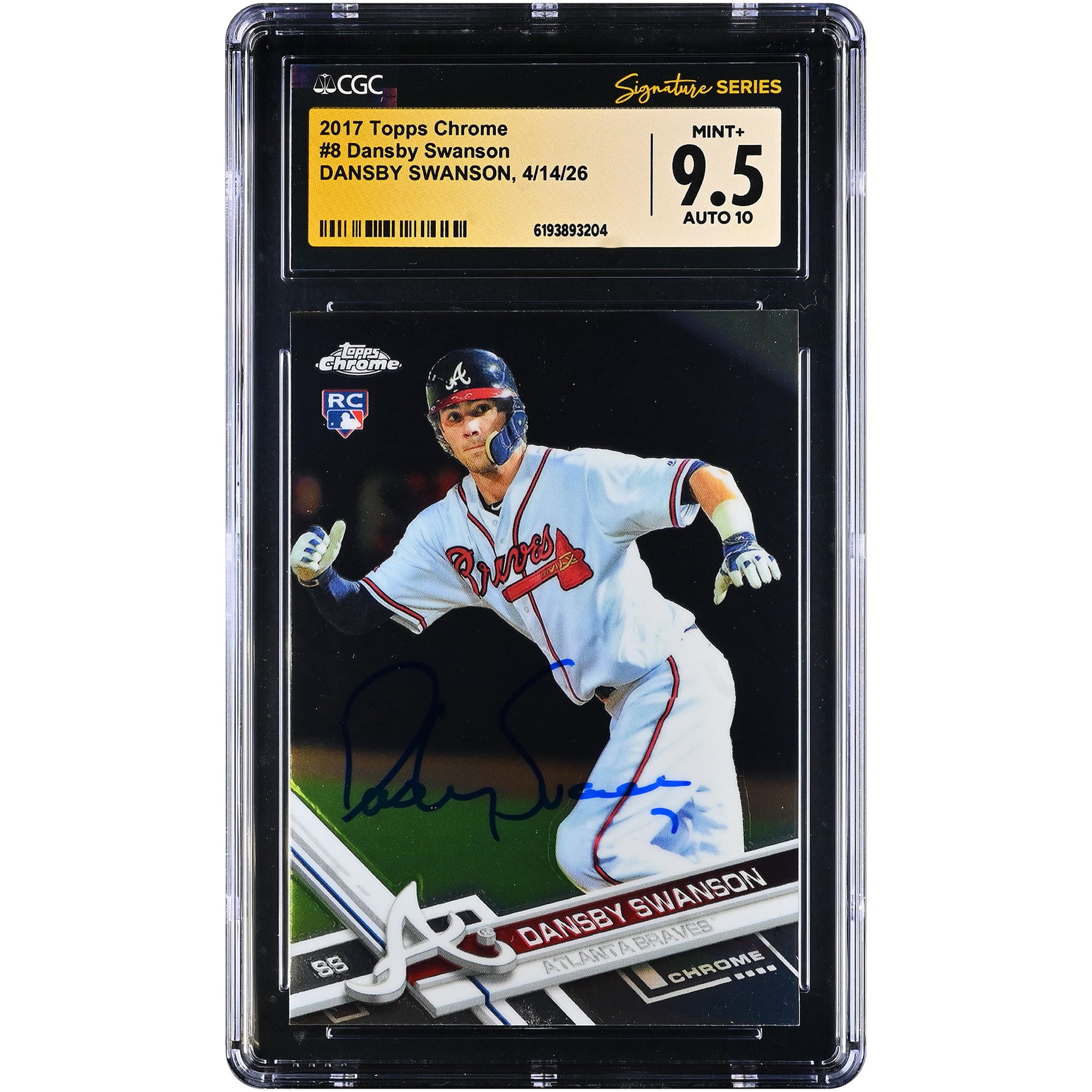 Carte de recrue autographiée de Dansby Swanson (Atlanta Braves), Topps Chrome 2017 n° 8, authentifiée par Fanatics Witnessed (CGC), note 9,5/10