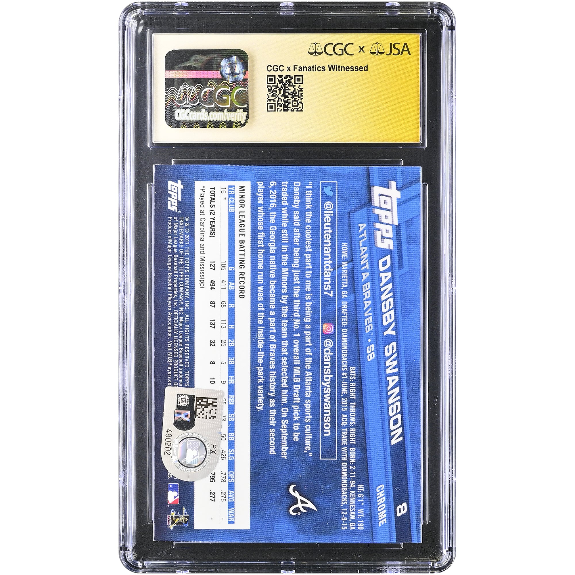 Dansby Swanson Atlanta Braves Autographed 2017 Topps Chrome #8 CGC Fanatics Witnessed Authenticated AUTO 10 Rookie Card