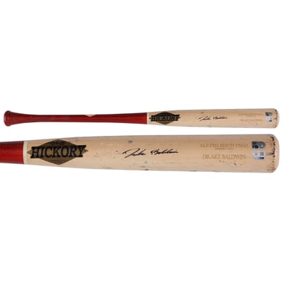 Drake Baldwin Atlanta Braves Autographed Fanatics Authentic Game-Used Tan/Red Old Hickory Bat from the 2026 MLB Season - NF70437362