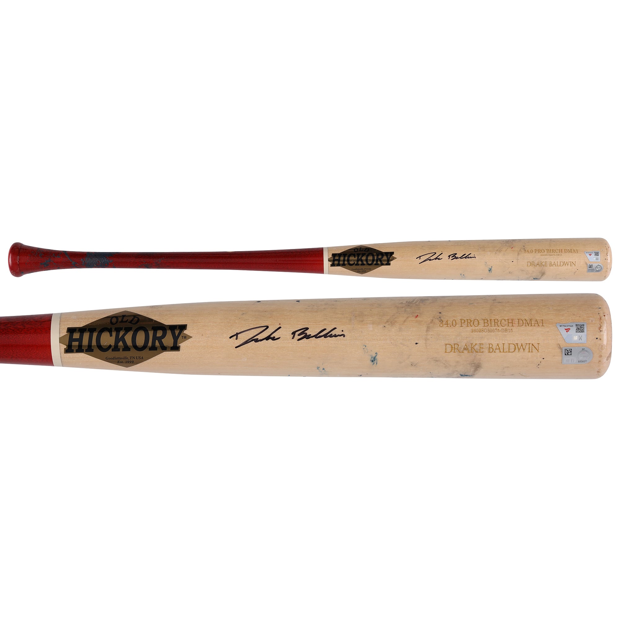 Bâton Old Hickory beige/rouge autographié par Drake Baldwin (Atlanta Braves) lors de la saison 2026 de la MLB