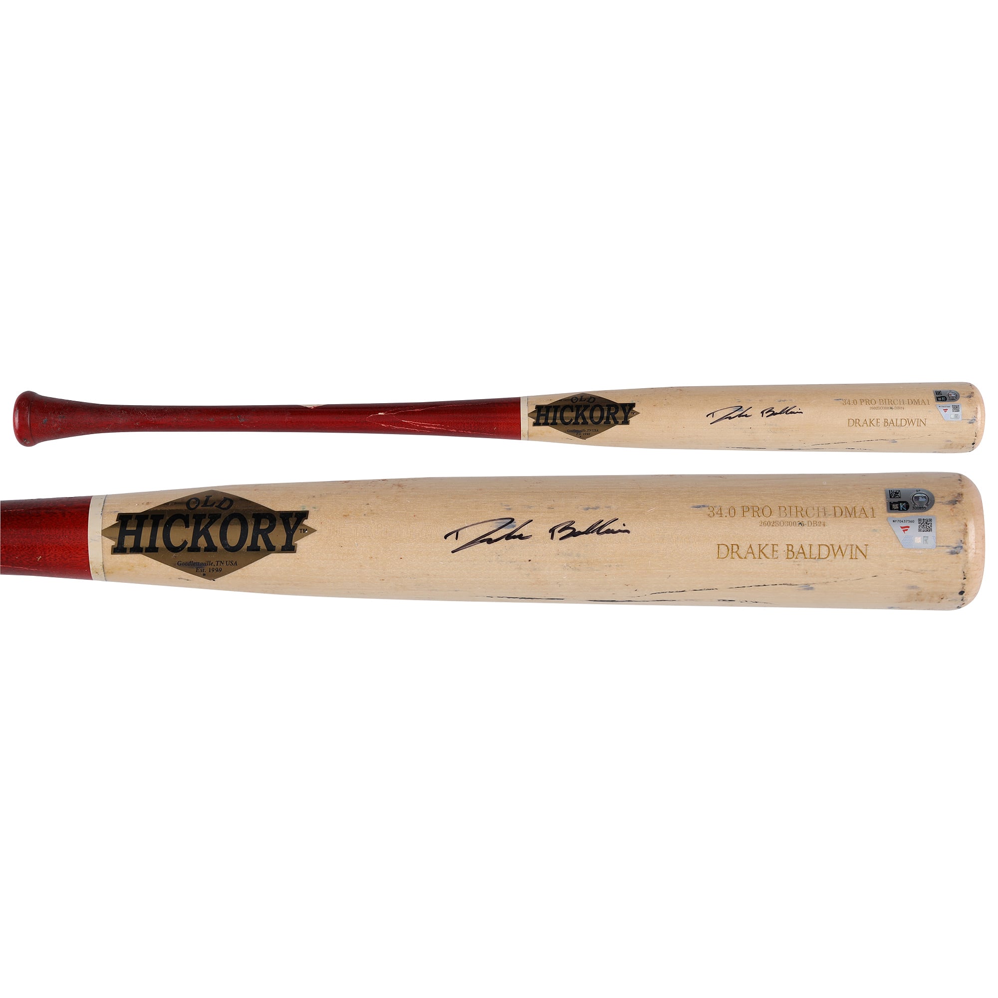 Bâton cassé Old Hickory beige/rouge autographié par Drake Baldwin (Atlanta Braves) utilisé en match lors de la saison 2026 de la MLB - NF70437360