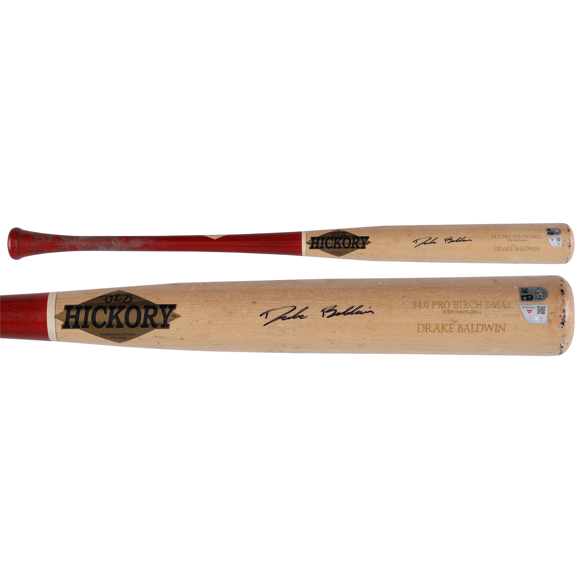 Bâton cassé Old Hickory beige/rouge autographié par Drake Baldwin (Atlanta Braves) lors de la saison 2026 de la MLB - NF70437361