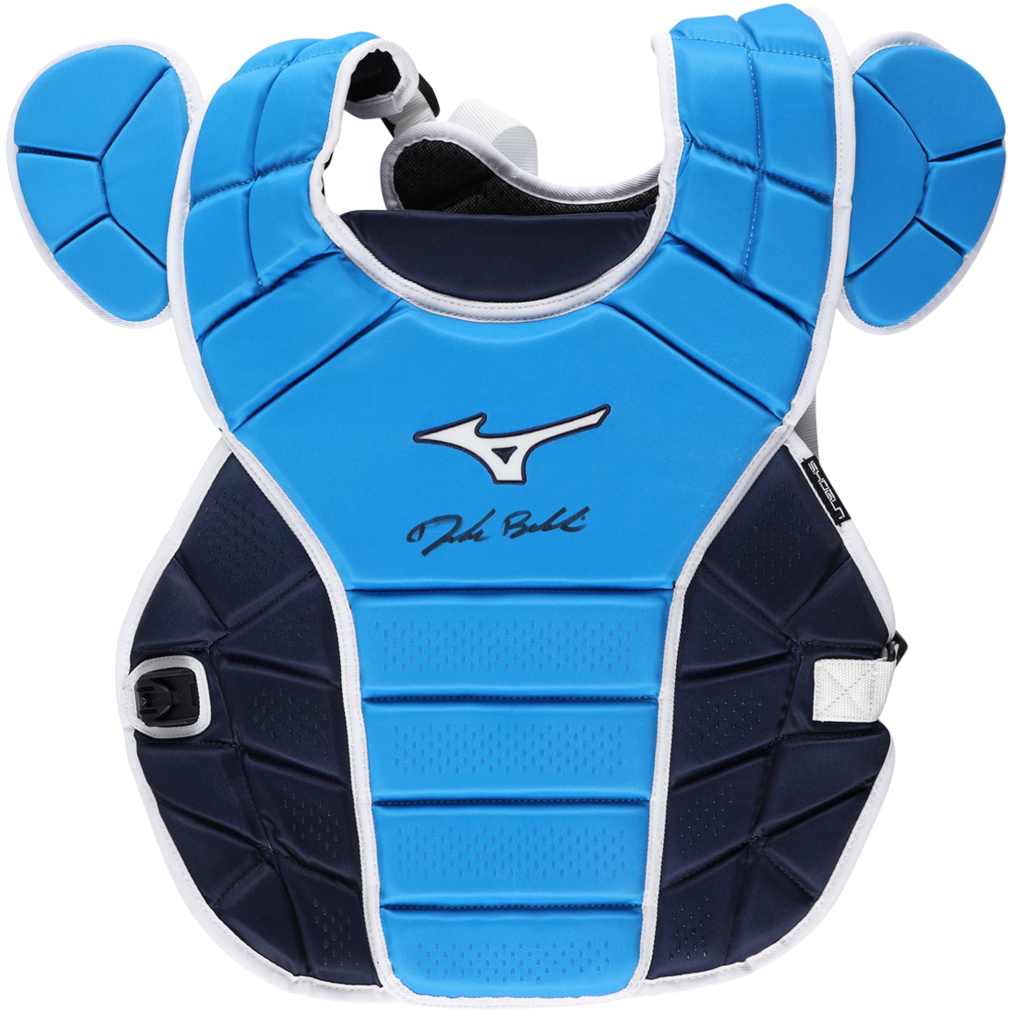 Protection thoracique bleue Mizuno autographiée par Drake Baldwin, joueur des Braves d'Atlanta, saison 2026 de la MLB.