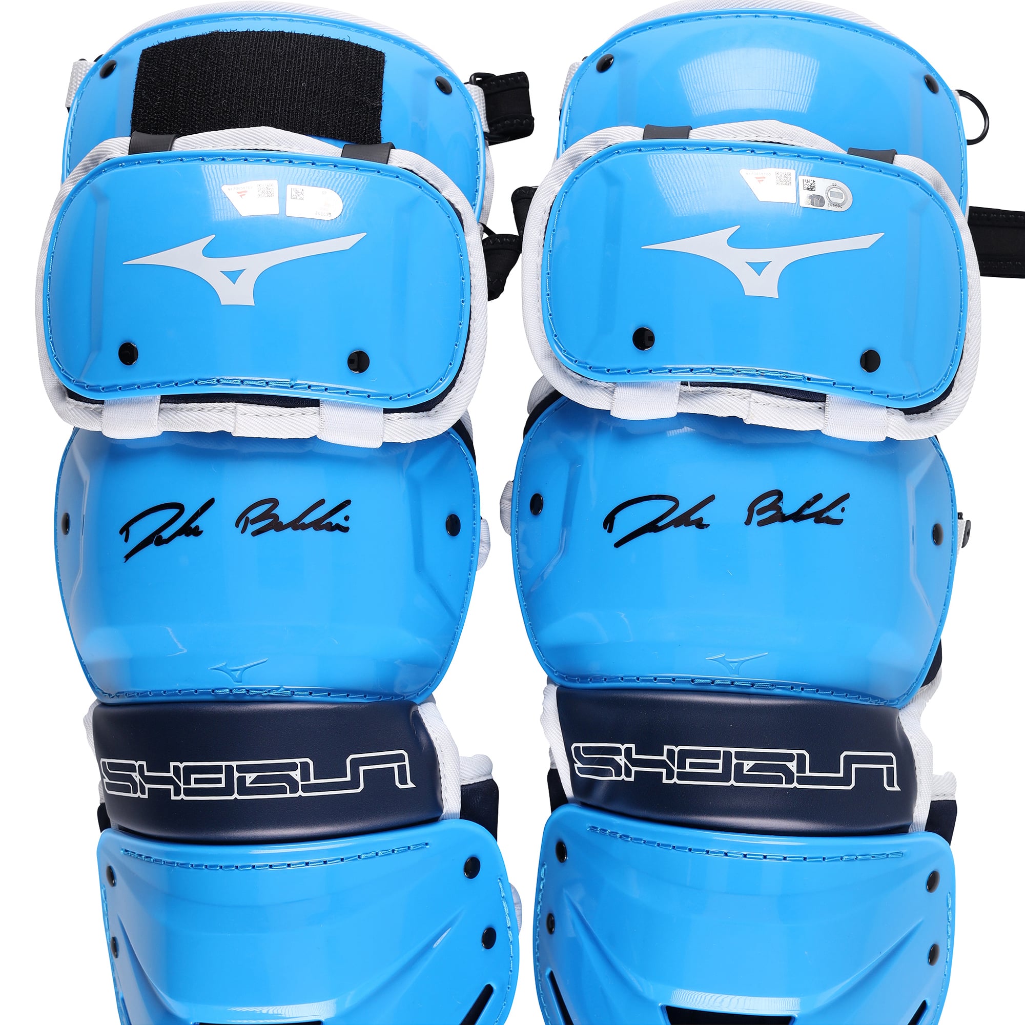 Protège-tibias bleus Mizuno autographiés par Drake Baldwin, joueur des Braves d'Atlanta, saison 2026 de la MLB