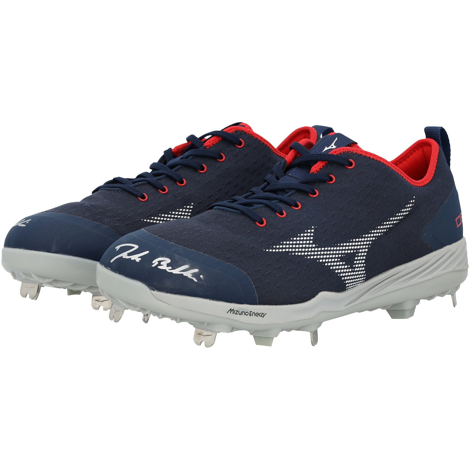 Crampons Mizuno bleu marine autographiés par Drake Baldwin (Atlanta Braves) pour la saison 2026 de la MLB