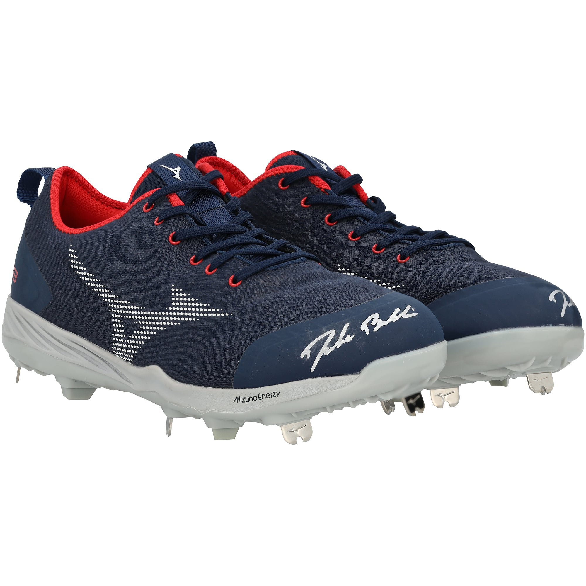 Crampons Mizuno bleu marine autographiés par Drake Baldwin (Atlanta Braves) pour la saison 2026 de la MLB
