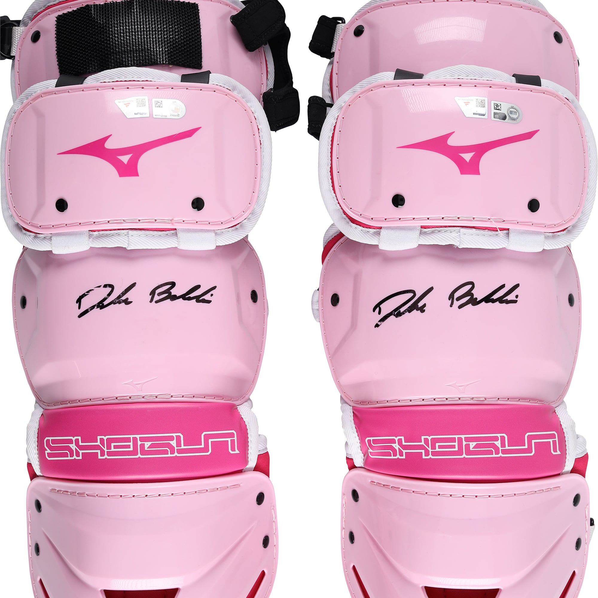 Protège-tibias roses Mizuno autographiés par Drake Baldwin, joueur des Braves d'Atlanta, saison 2026 de la MLB