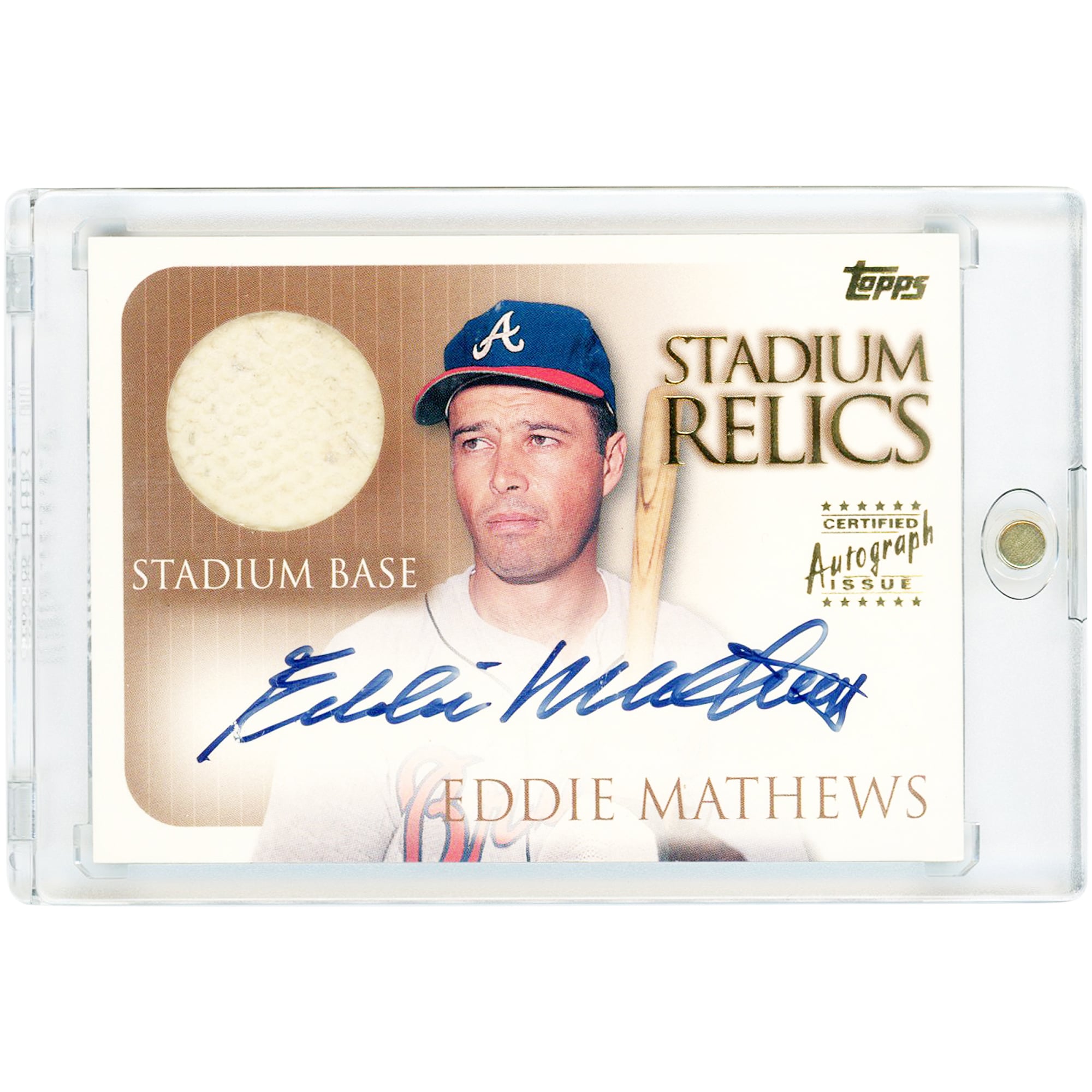Carte de base autographiée Eddie Mathews des Braves d'Atlanta, édition 2000 Topps Stadium Relics, utilisée en match, numéro SR10